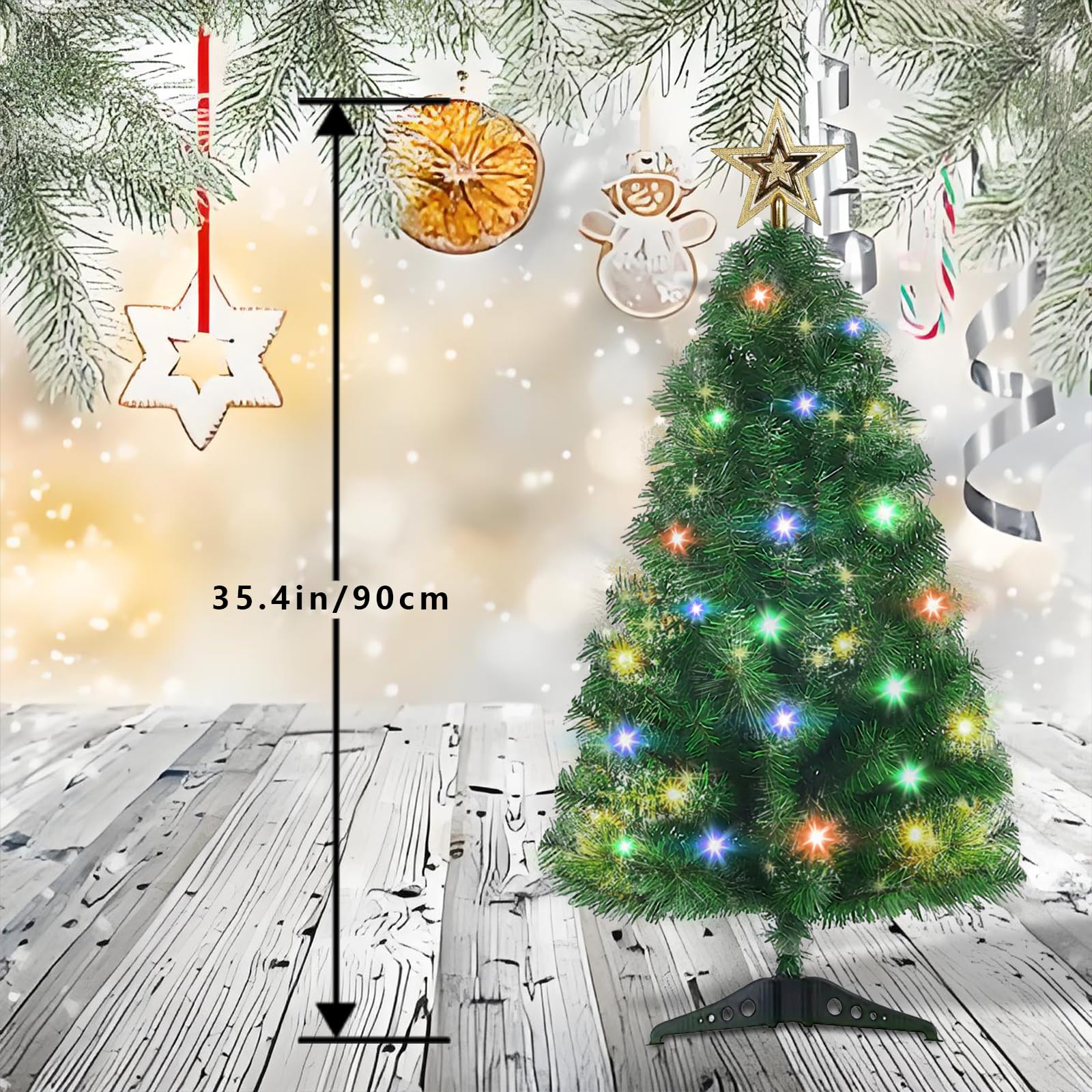 Mini sapin de Noël artificiel de table de 0,9 m avec 140 branches et lumières, petit sapin de Noël pour appartement, bureau, décoration de fête, vert