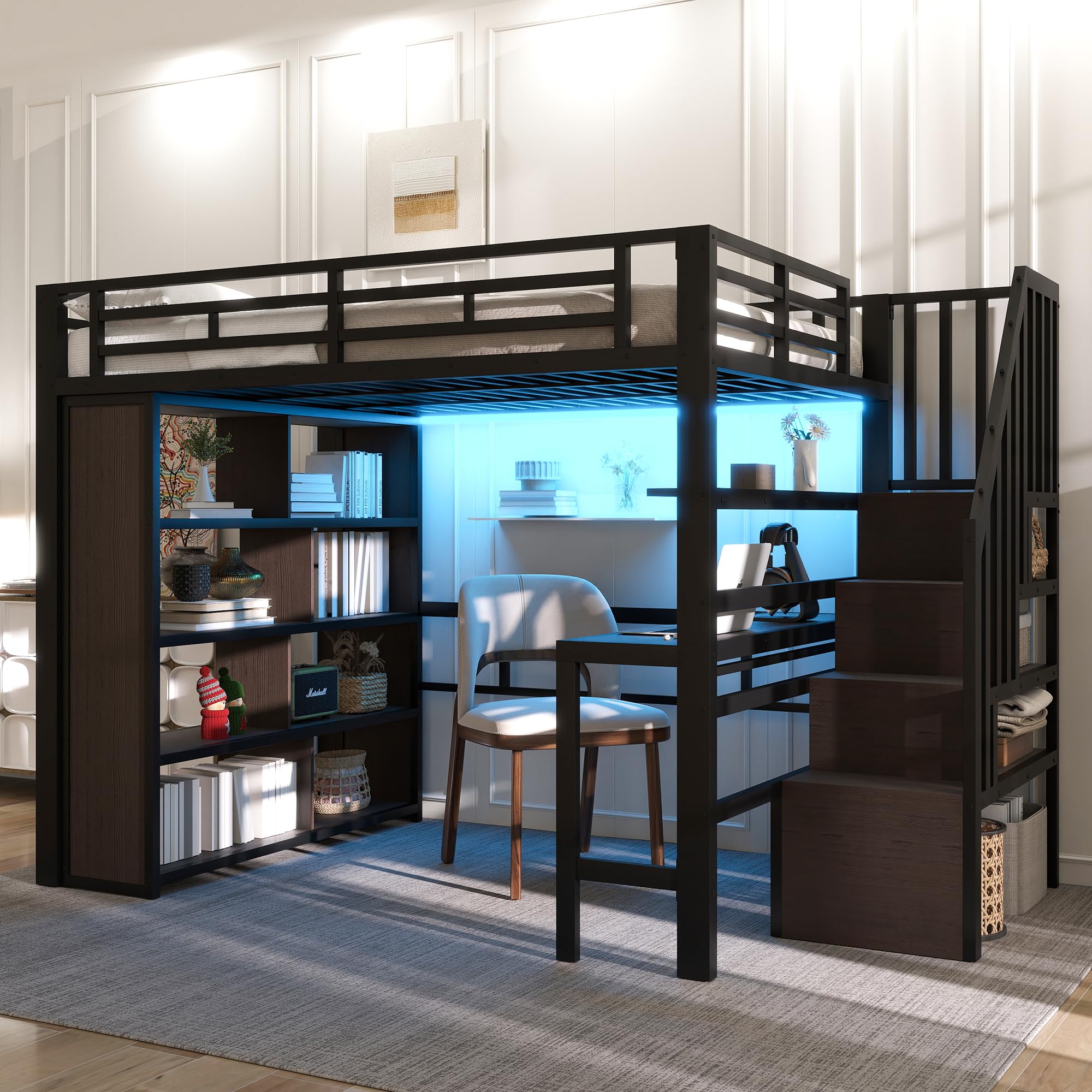 Lit Mezzanine 140x200 cm, avec Bureau, Étagères de Rangement, Escalier avec espace de rangement – Structure en Métal et Panneaux MDF – Gain de Place pour Chambre d'Enfant, Ado ou Étudiant, Noir