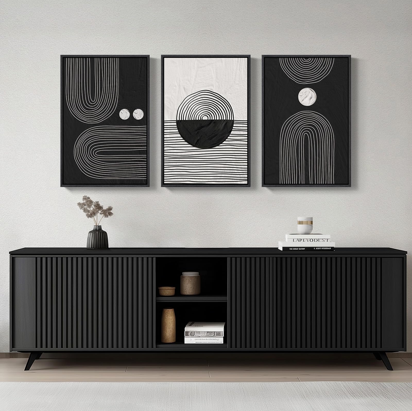 Framed Black and White Boho Wall Art for Living room, Large Black Abstract Geometric Artwork for Walls Mid-Century Modern Pictures Minimalist Bohemian Wall Art for Bedroom Office Wall Decor 16x24 Inch