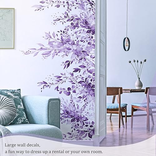 Miniatura 7 de VePret Calcomanías de pared de hojas y plantas moradas, calcomanías de pared de flores grandes, diseño de vid extraíble, decoración del hogar, arte