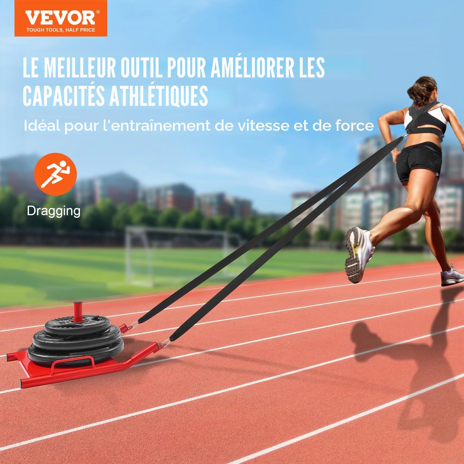 VEVOR Traineau de Puissance Traction, Luge de Force pour Fitness, Équipement d'Entraînement en Acier pour Exercices Athlétiques et Amélioration de la Vitesse, pour Plaque de Poids de 5 cm, Rouge