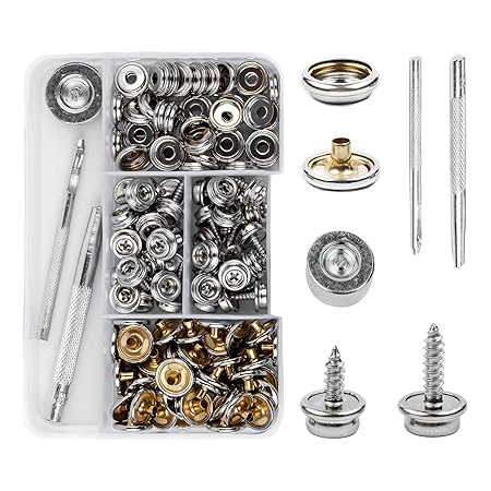 135 PCS Snap Kit Tool Marine Grade Stainless Steel Button Fastener Tool Replacement Snap with 2Pcs Setting Tools for Boat Cover Furniture (0.39?0.39)
