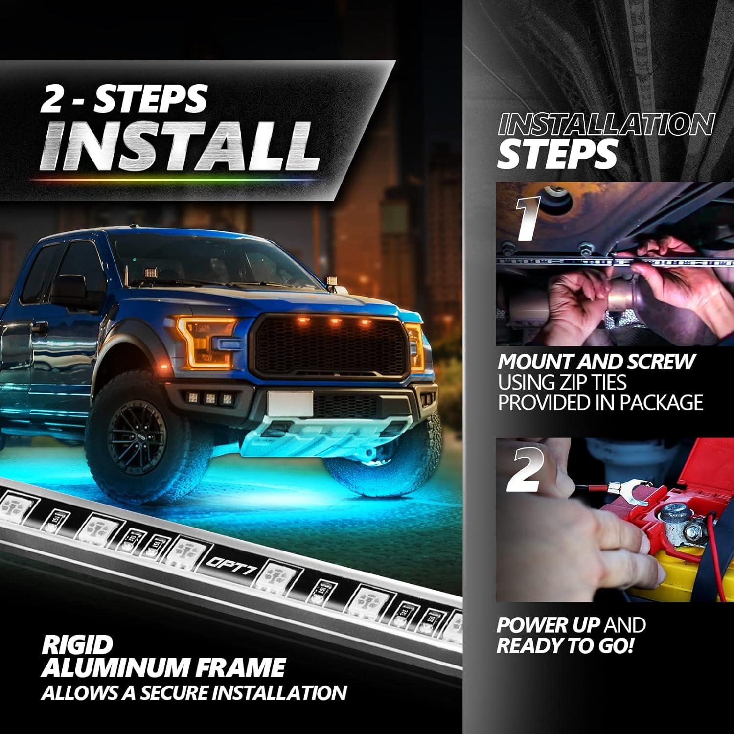 Two-step installation guide showing mounting the light bars with zip ties and connecting the power harness to the battery.