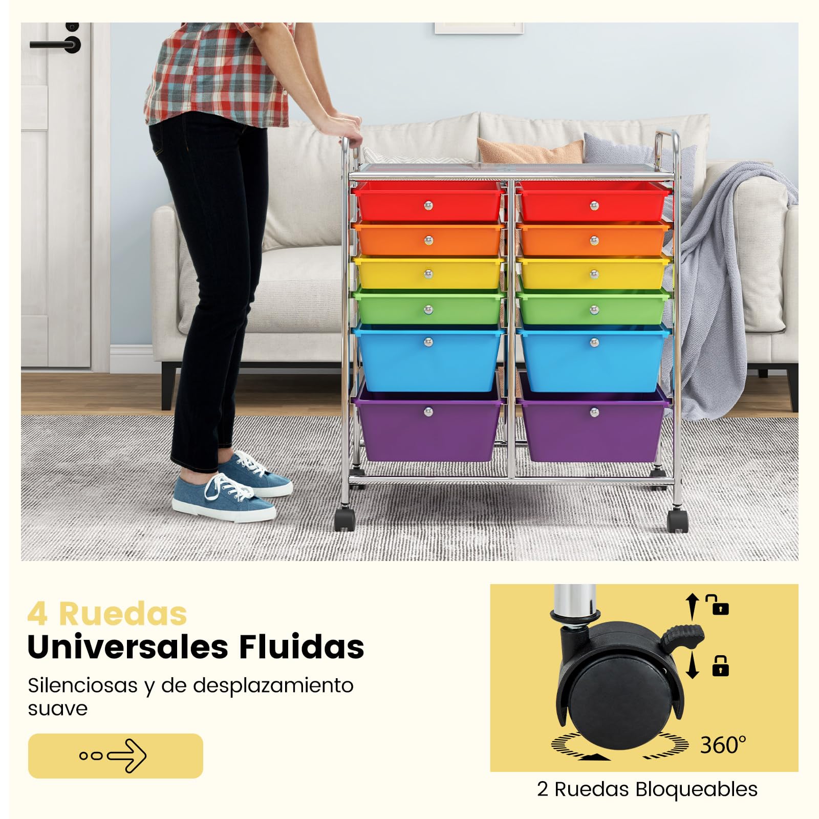 COSTWAY Carrito Auxiliar con Ruedas, Mueble Auxiliar Cocina con 12 Cajones Apilables, Carrito Organizador de Estructura Metálica, Carro Servicio para Cocina Oficina, Baño (Color Claro)