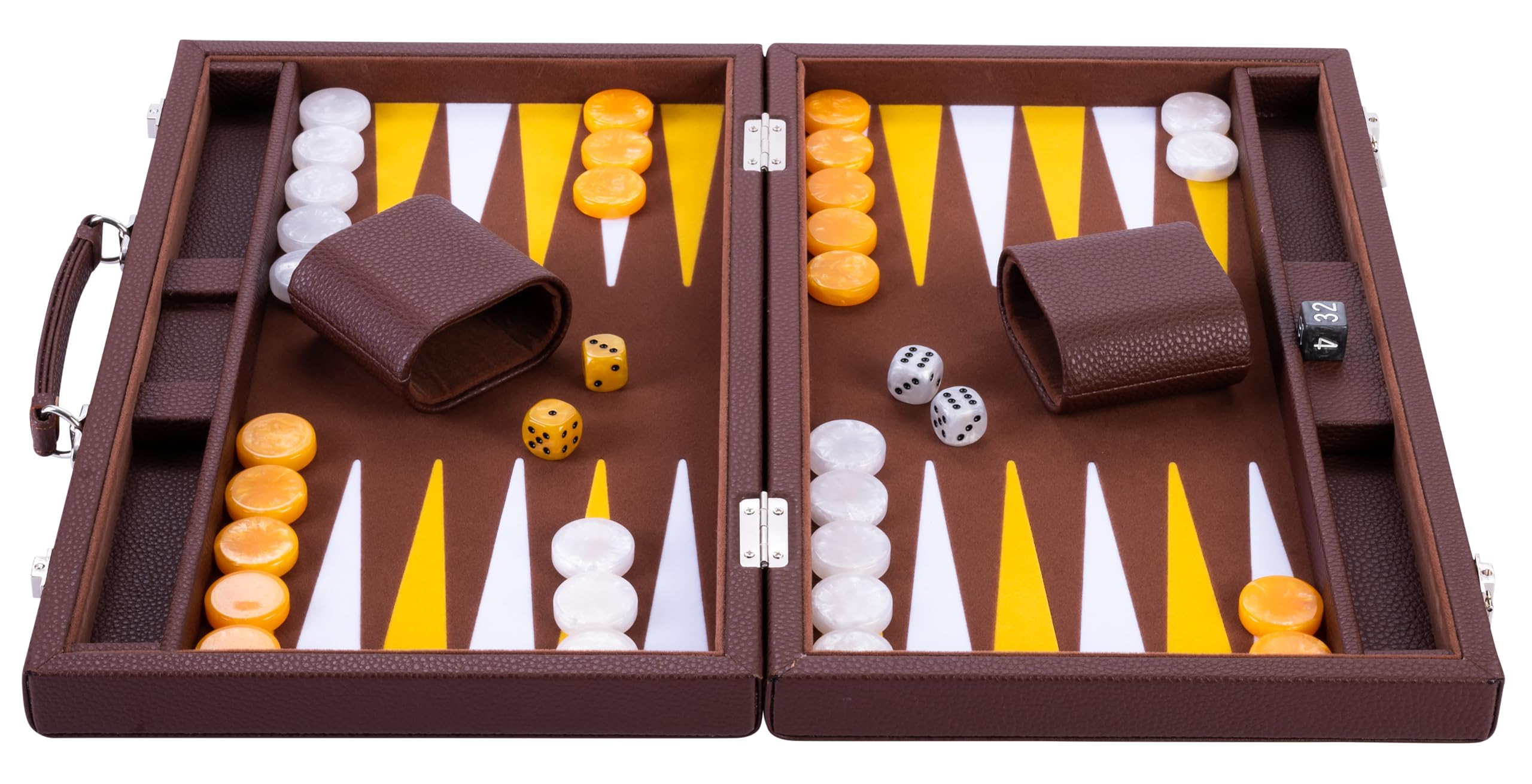 Engelhart 250520 – Backgammon de Lujo 38 cm – Exterior Piel sintética, Interior con incrustación de Fieltro – Dados y fichas nacaradas – Incluye 2 Vasos – Juego Profesional y recreativo.