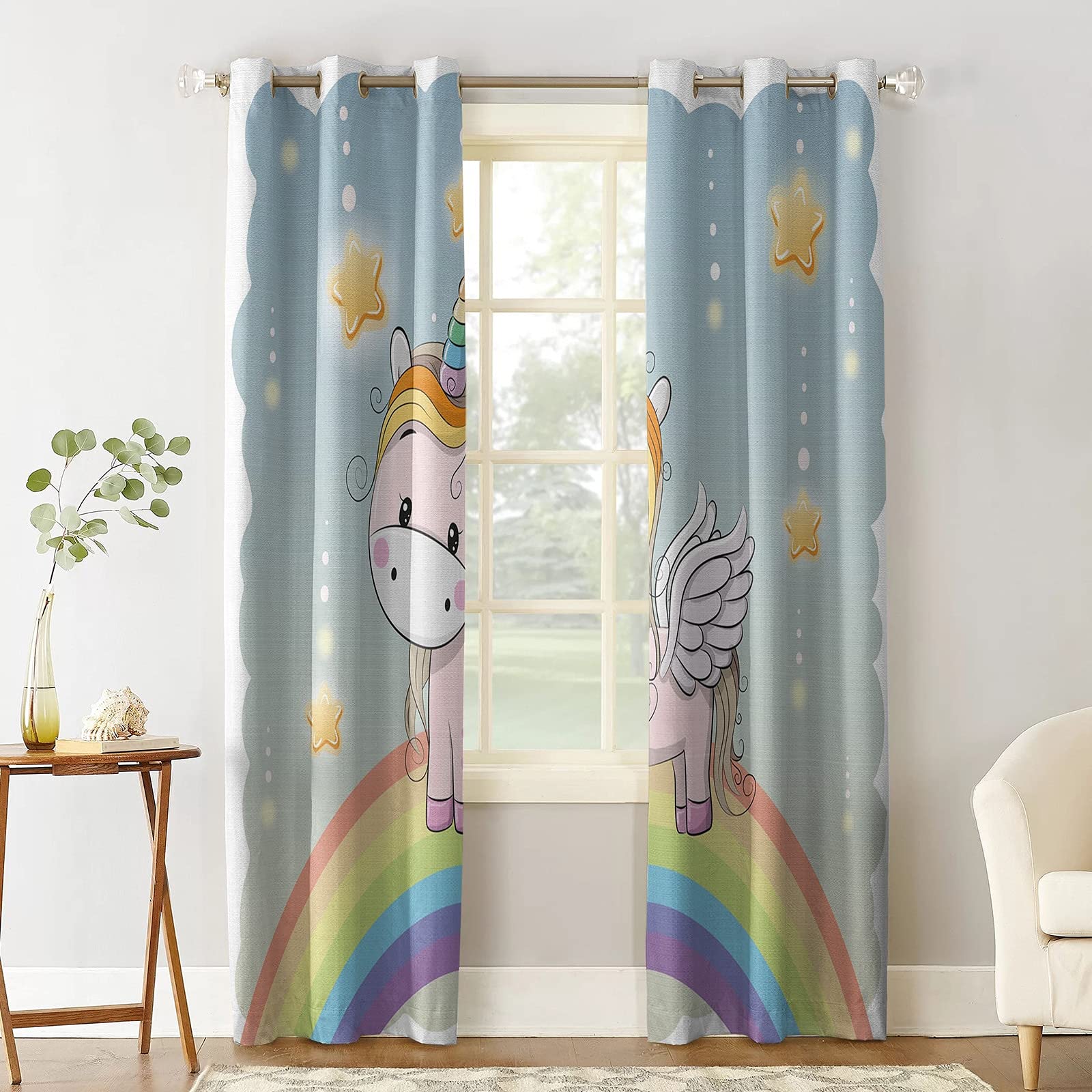 Rideau Occultant Lot De 2 Rideau Licorne Rainbow Star Cute Animal Isolants Thermiques Polyester Rideaux Chambre Et Salon Maison Décoration 170X200Cm (LxH) - Rideaux Imprimés 3D Kids