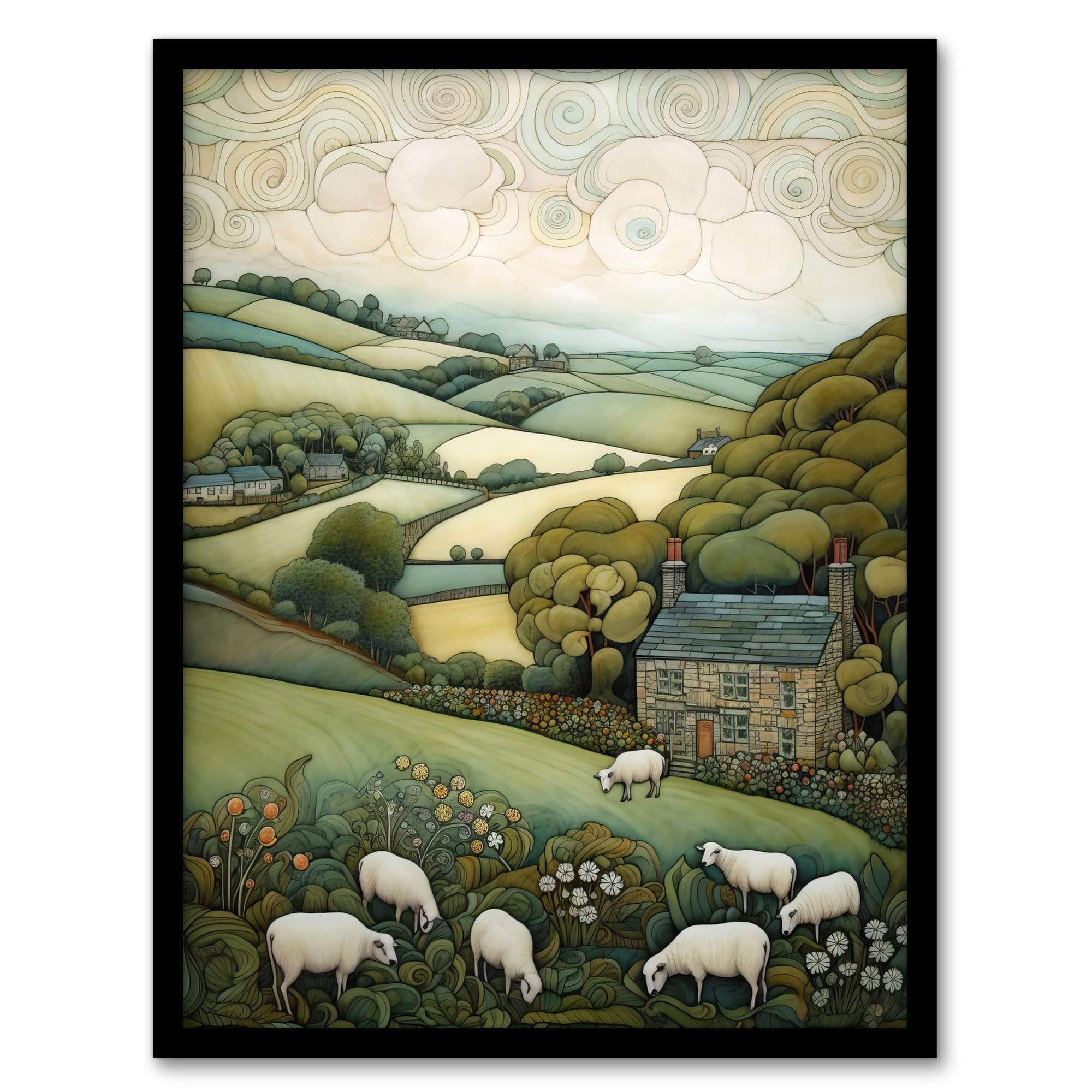 Artery8 Sleepy England By Celia Hapton Quirky Lake District Scene Rolling Hills Grazing Sheep Artwork Framed Wall Art Print A4