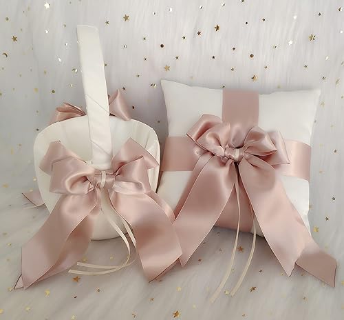 Miniatura 3 de Cesta blanca para niña de las flores con lazo de doble cinta rosa para ceremonia de boda, renovación de votos, baby shower, recuerdo de fiesta