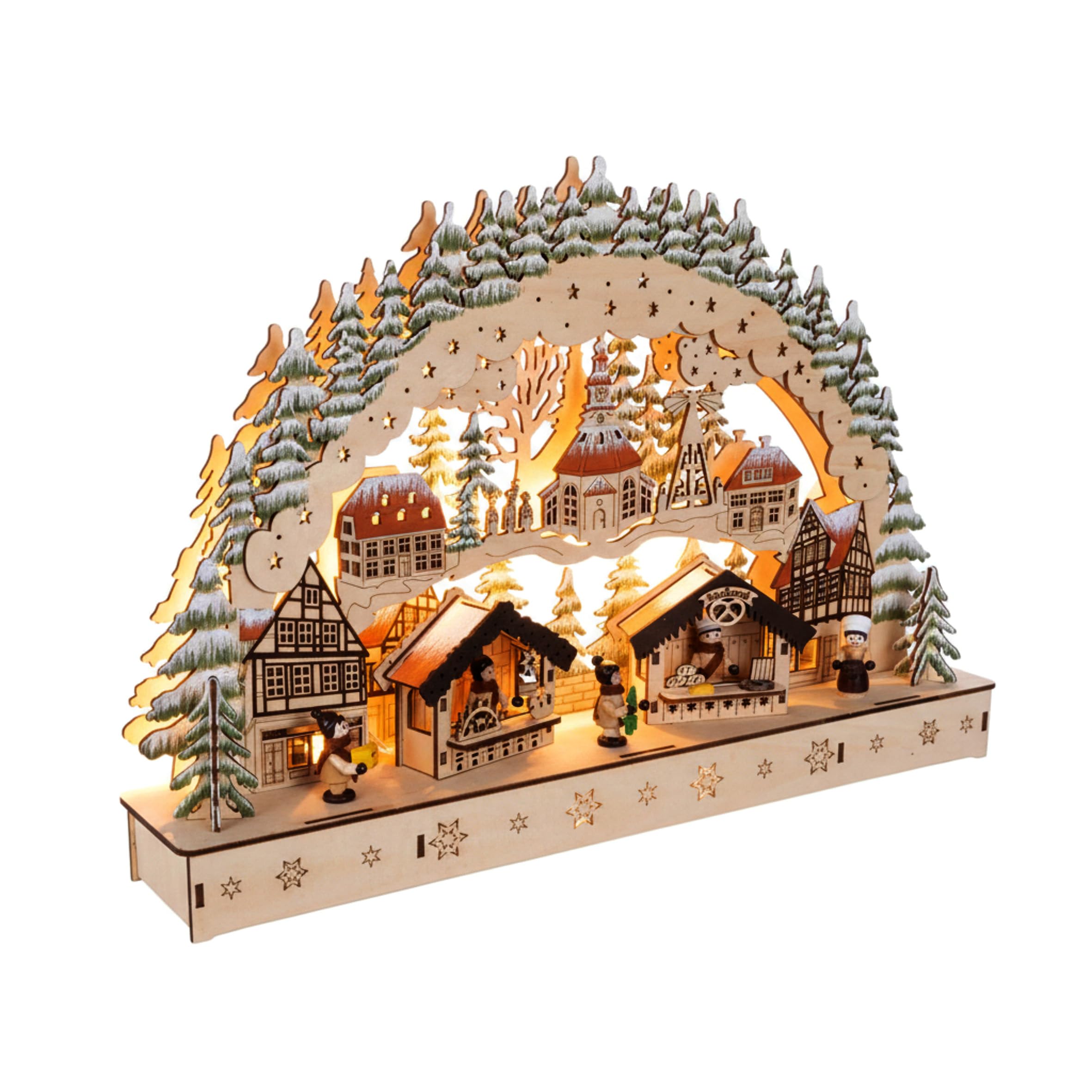 Spetebo Arco de madera LED de 44 x 30 cm – Diseño: Mercado de invierno – Arco de luces con diseño navideño – Decoración de mesa de Navidad, decoración de ventana, decoración de Adviento, invierno,