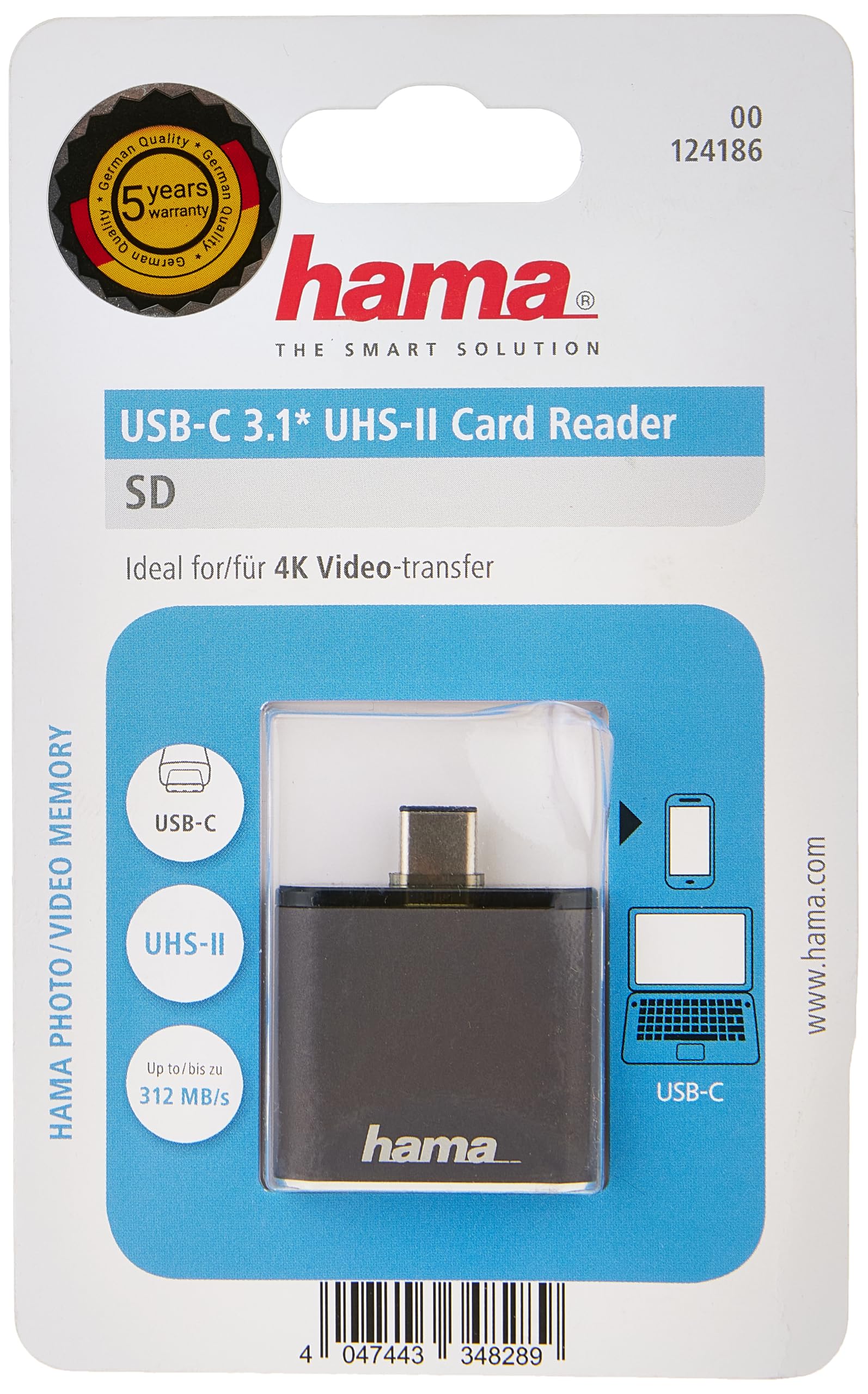 Hama 124186 USB 3.1 SD UHS-II Type-C Card Reader, Grey