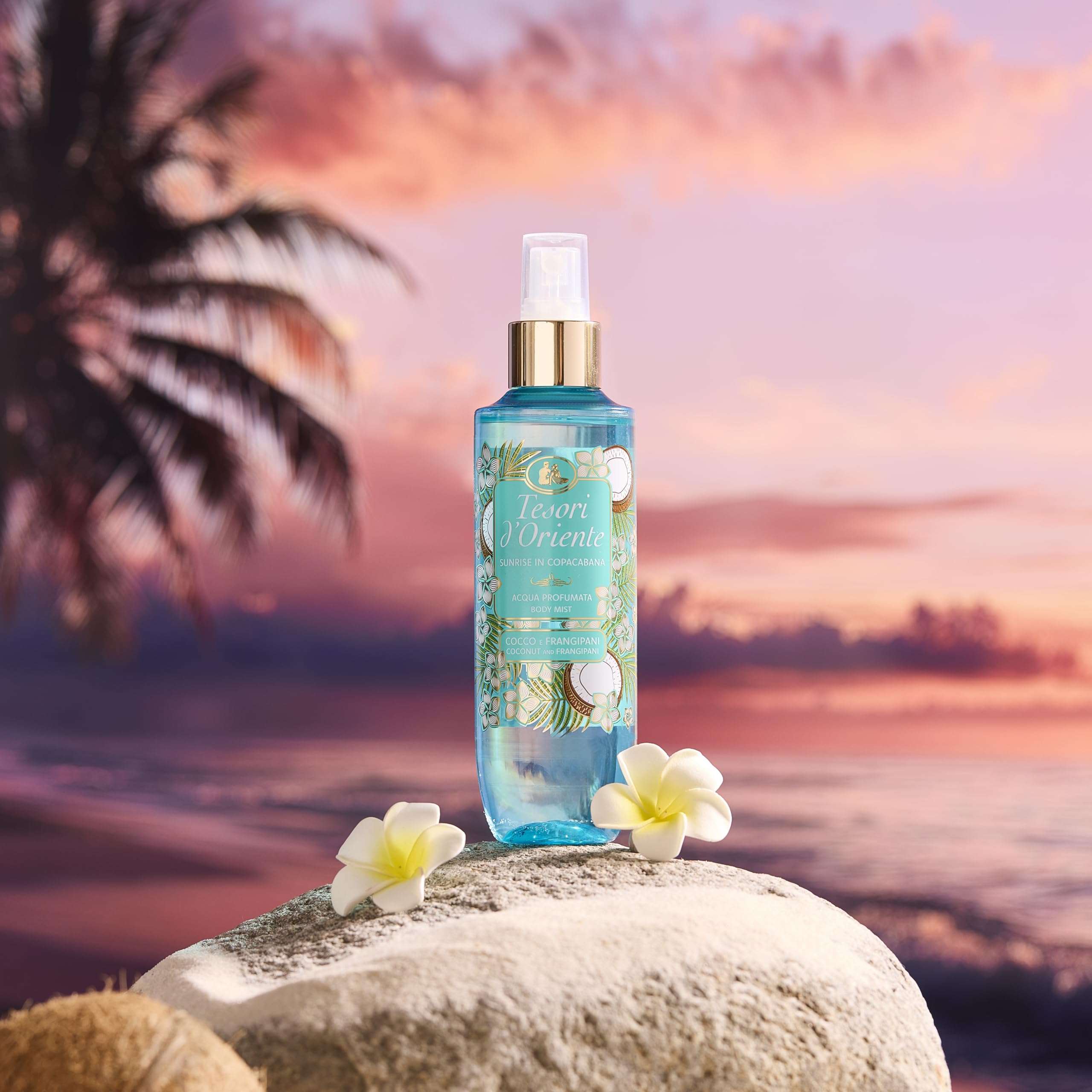 Tesori d'Oriente, Acqua Profumata Corpo, Cocco e Frangipani, Sunrise in Copacabana, Fragranza Fruttata, Fresca e Morbida, 200ml