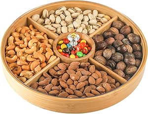 Hedume Bamboo Nuts Storage Platter Tray, Food Serving Tray with 5 Dining Grids, 12 Inches Dessert Fruit Veggie Food Serve Plate Tray for Party, Family Dinner, Holiday and Home Warming