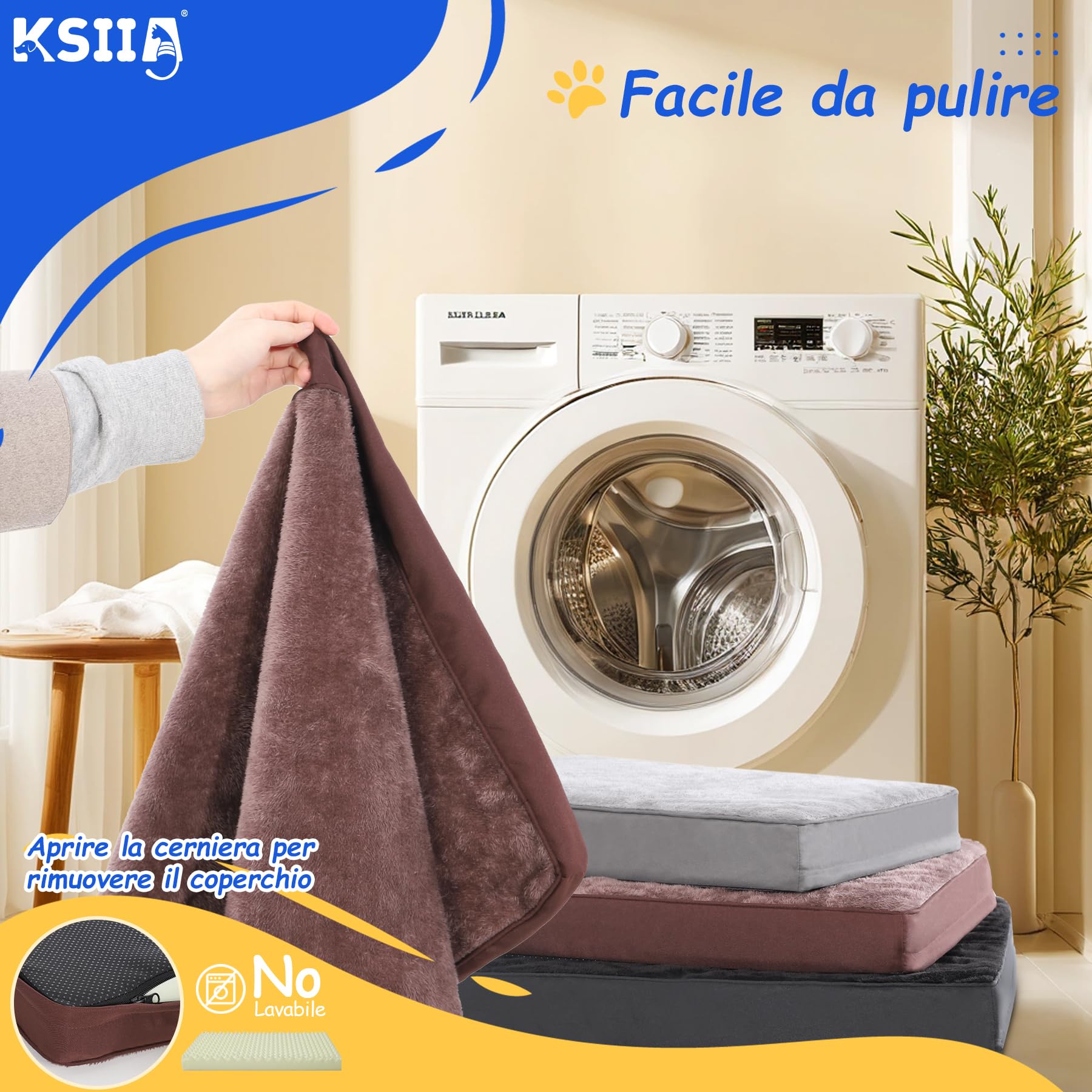 KSIIA Cuscino Cane Media, Cuccia Cane Interno, Sfoderabile e Lavabile, Letto per Cani Ortopedico, Divano per Cani, Base Antiscivolo, Marrone 90x55x7cm