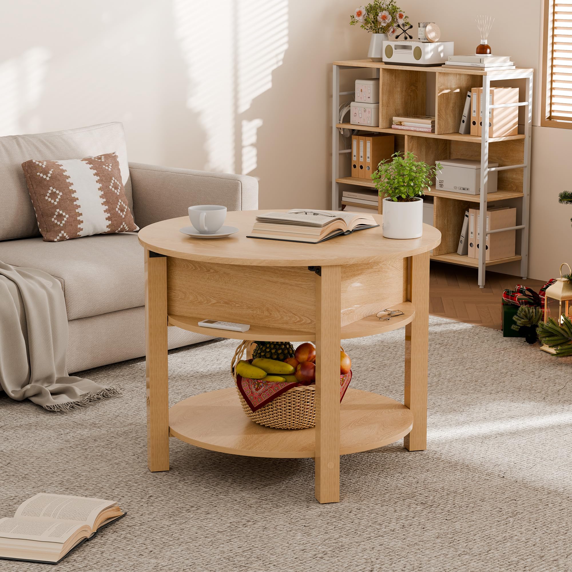ELUCHANG Couchtisch Rund mit Hebeplatte, Couchtisch Höhenverstellbarer 2 in 1, Beistelltisch Wohnzimmertisch mit Verstecktem Ablagefach Stauraum, Offenem Fach, für Wohnzimmer/Büro, 60x60cm, Eiche