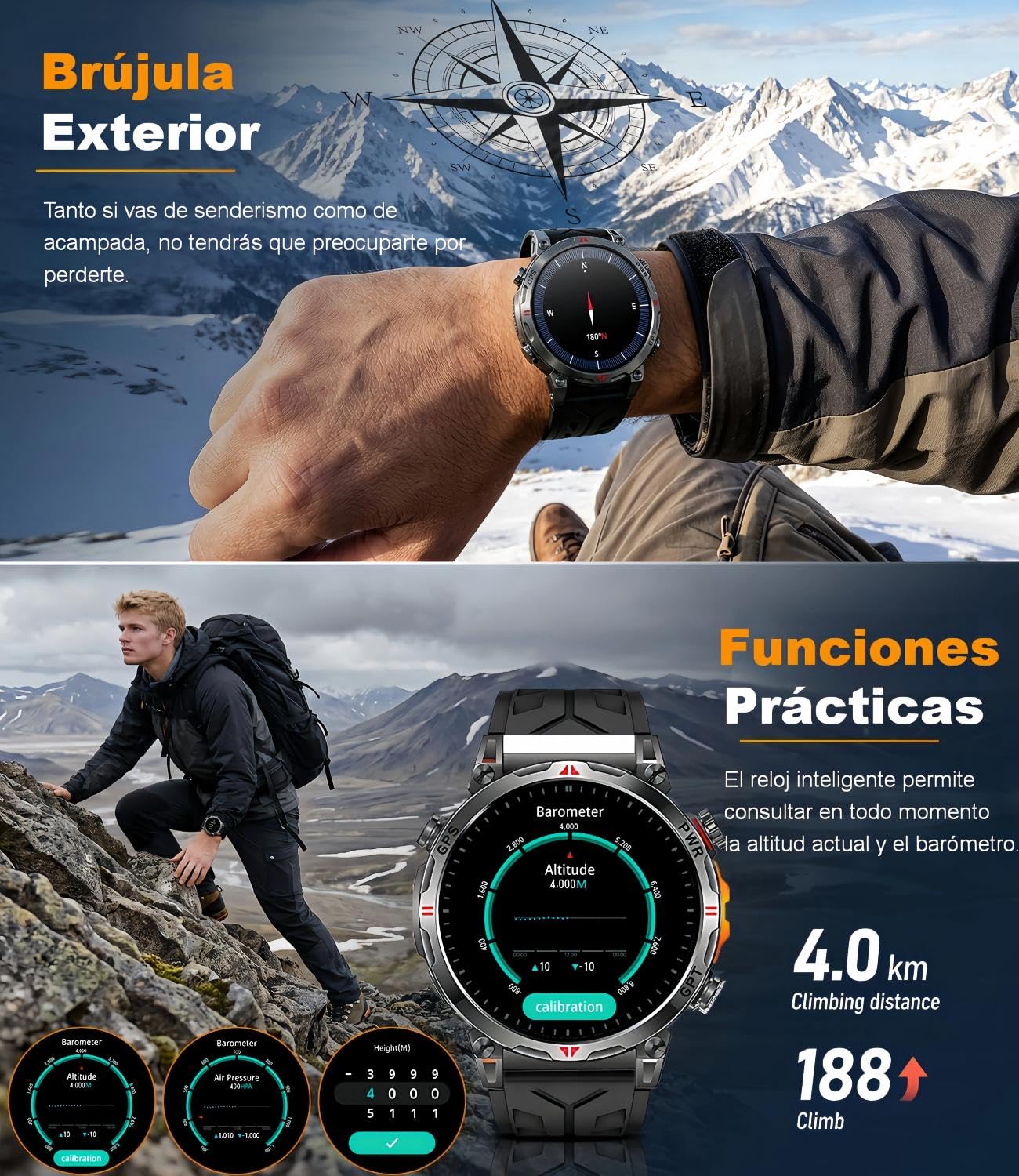 Reloj Inteligente Hombre, GPS Integrado Militar Smartwatch AMOLED 1,56 Pulgadas con Llamadas Bluetooth, Brújula/Altitud, 100+ Modos Deporte, Cardíaco, Sueño iOS/Android