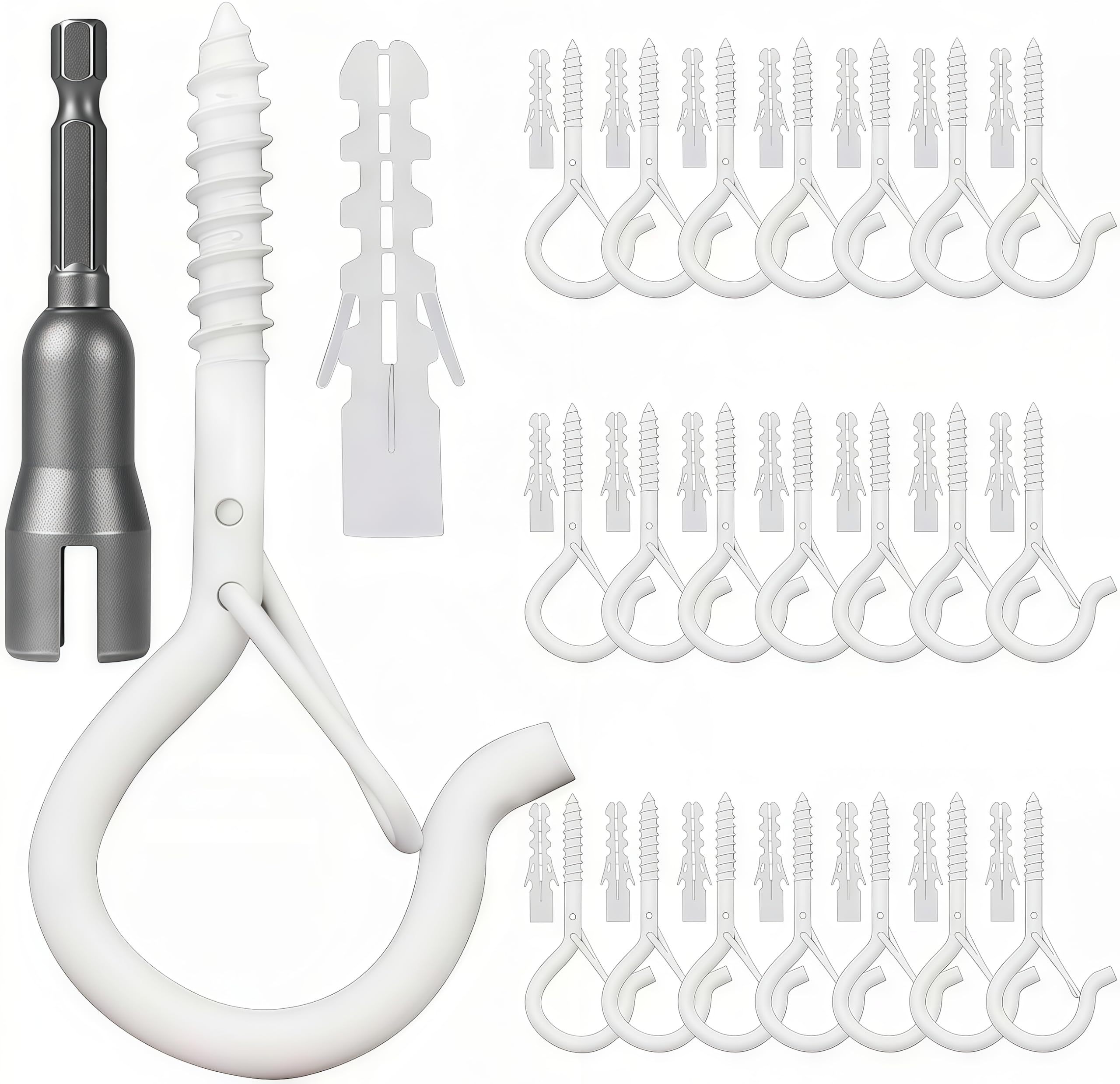 Mostantu 25 Pack Q-Hanger Hooks with Safety Buckle, 25Pcs Windproof Cup Screw Hooks and 25Pcs Plastic Install Anchor and Wing Nut Driver for String Lights Hanging Christmas Lights, Plants (White)