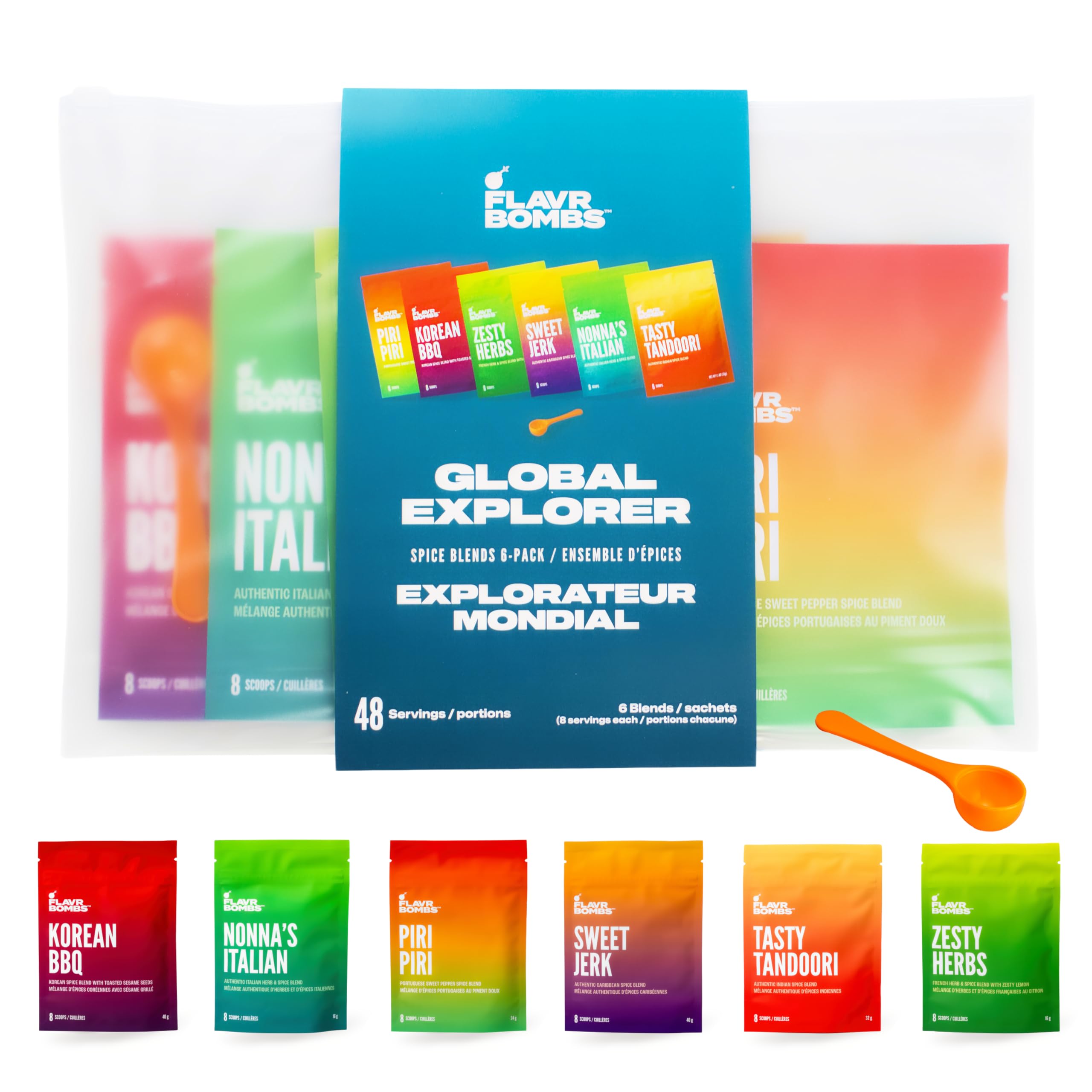 FLAVRBOMBS Global Explorer Spices Gift Set 6-Pack | Authentic Cooking & Barbecue Seasonings | World Cuisine BBQ Spice Collection with Tandoori, Jerk, Korean & More Spices | Keto Gourmet Adventure Gift for Foodies | Perfect for Grilling & Meal Prep | Includes Scoops & Cookbook | Made in Canada