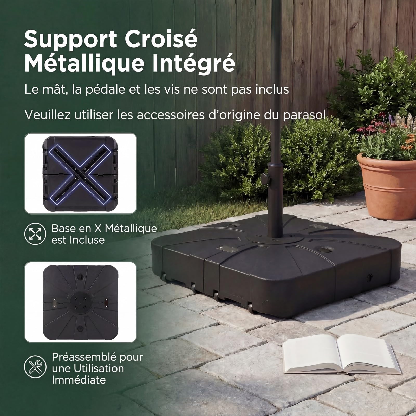 GOPLUS Pied de Parasol Déporté Extérieur 130KG avec roulettes, Support Parasol Lourd avec Base Carrée 84CM Remplissable à Eau et à Sable, Portable pour Pelouse, Jardin et Patio