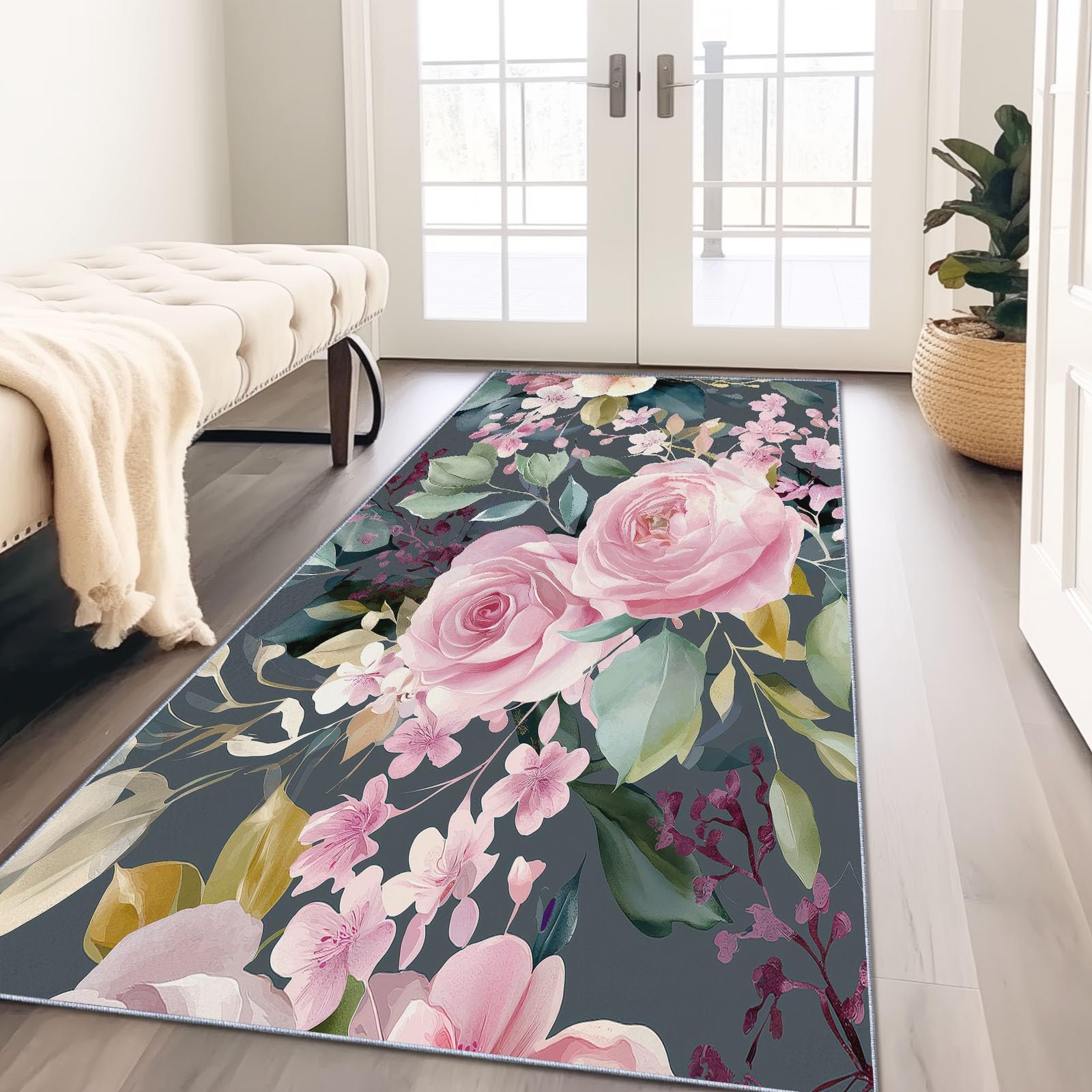 Tapis de passage 60x120 cm gris et rose lavable pour couloir