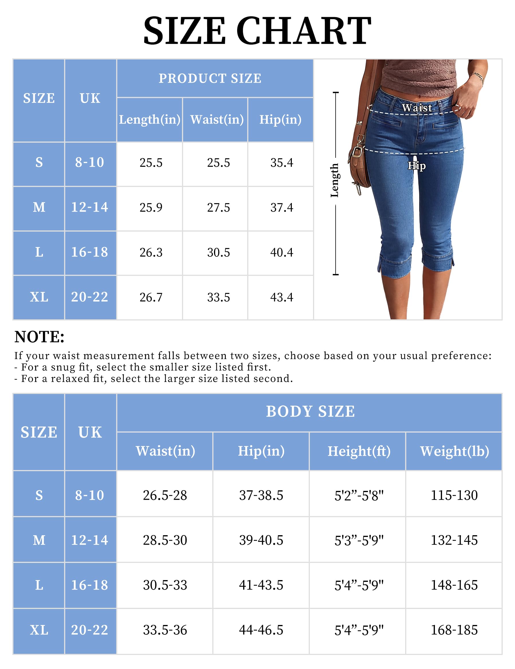 Fengbay Pantalones vaqueros Capri para mujer, elásticos, ajustados, cintura baja, tres cuartos, pantalones vaqueros con hendidura en el dobladillo, pantalones capri, informales, de verano, pantalones