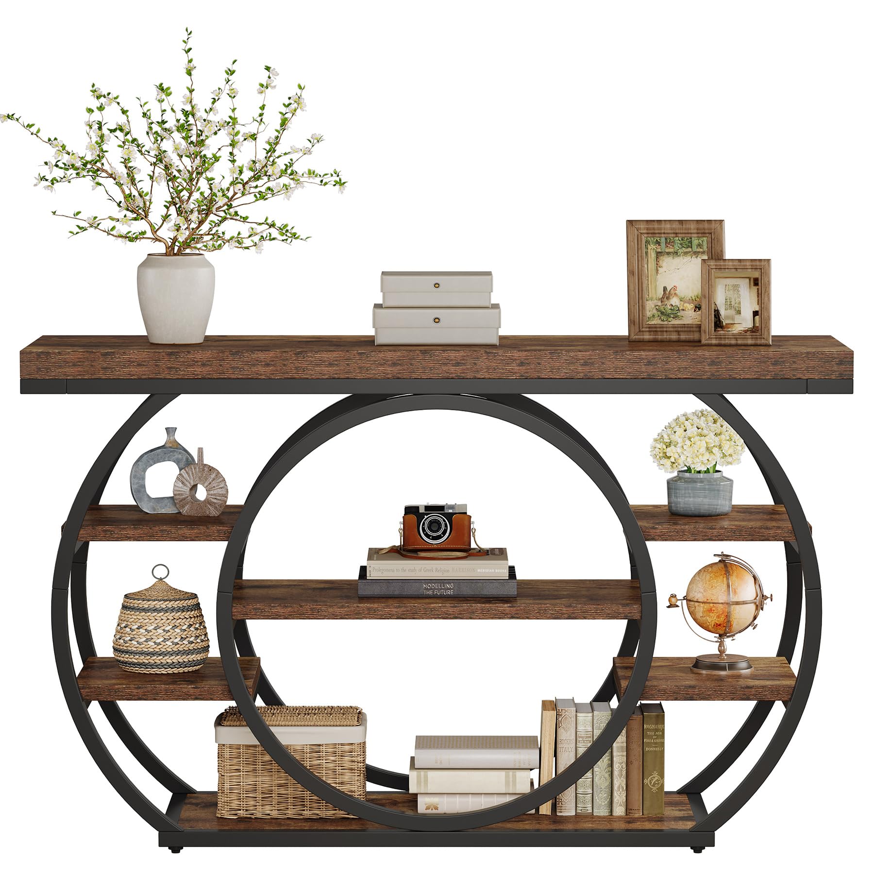 Tribesigns Tavolo consolle con base circolare, tavolo d'ingresso stretto, 120 x 30 x 80 cm, scaffale portaoggetti a 4 piani, casale industriale, corridoio, divano, rustico