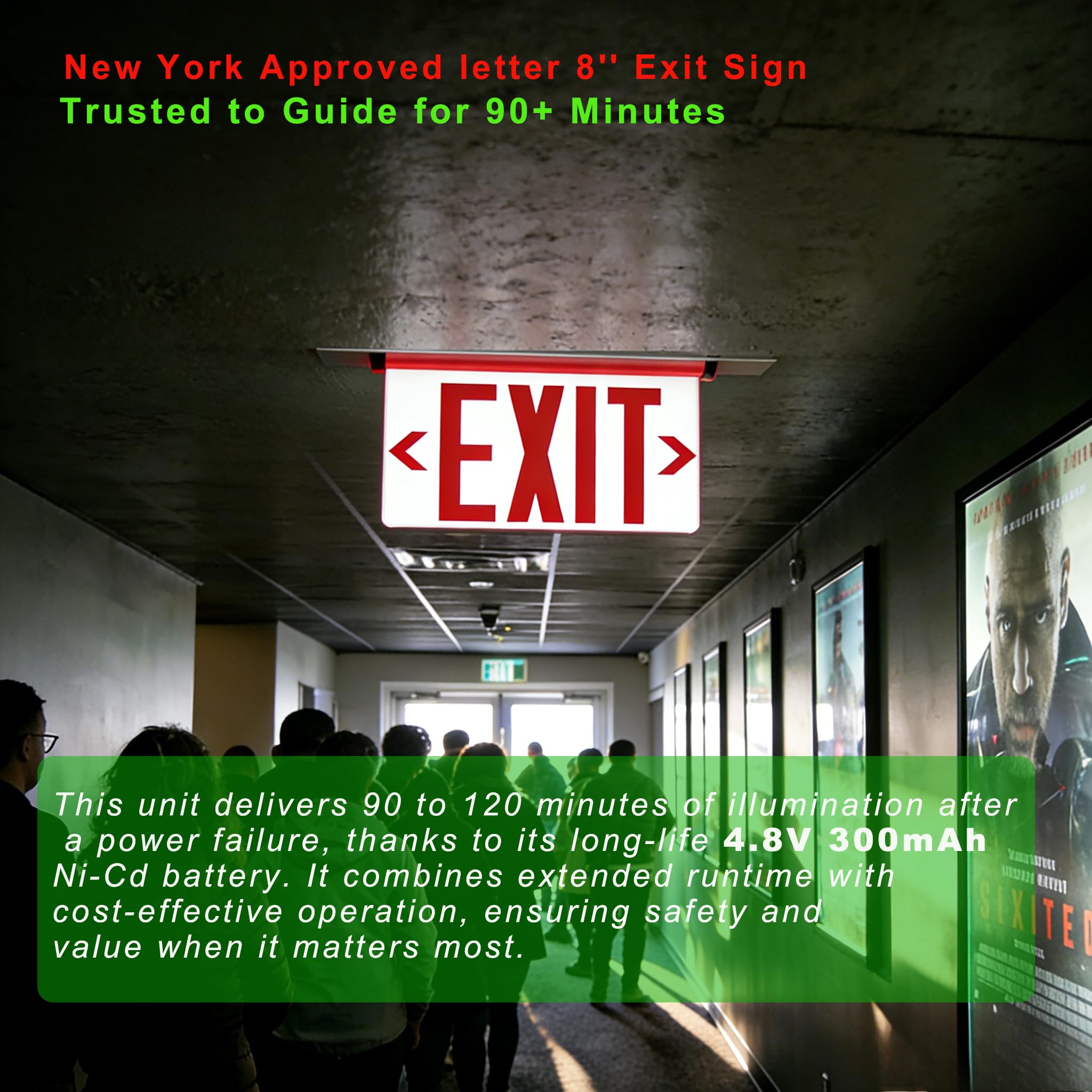 New York GRMSEL-200 - Luz de emergencia empotrada con letra de salida aprobada de 8 pulgadas, carcasa de una y doble cara, opcional, panel acrílico reemplazable, certificado UL, GRMSEL-200