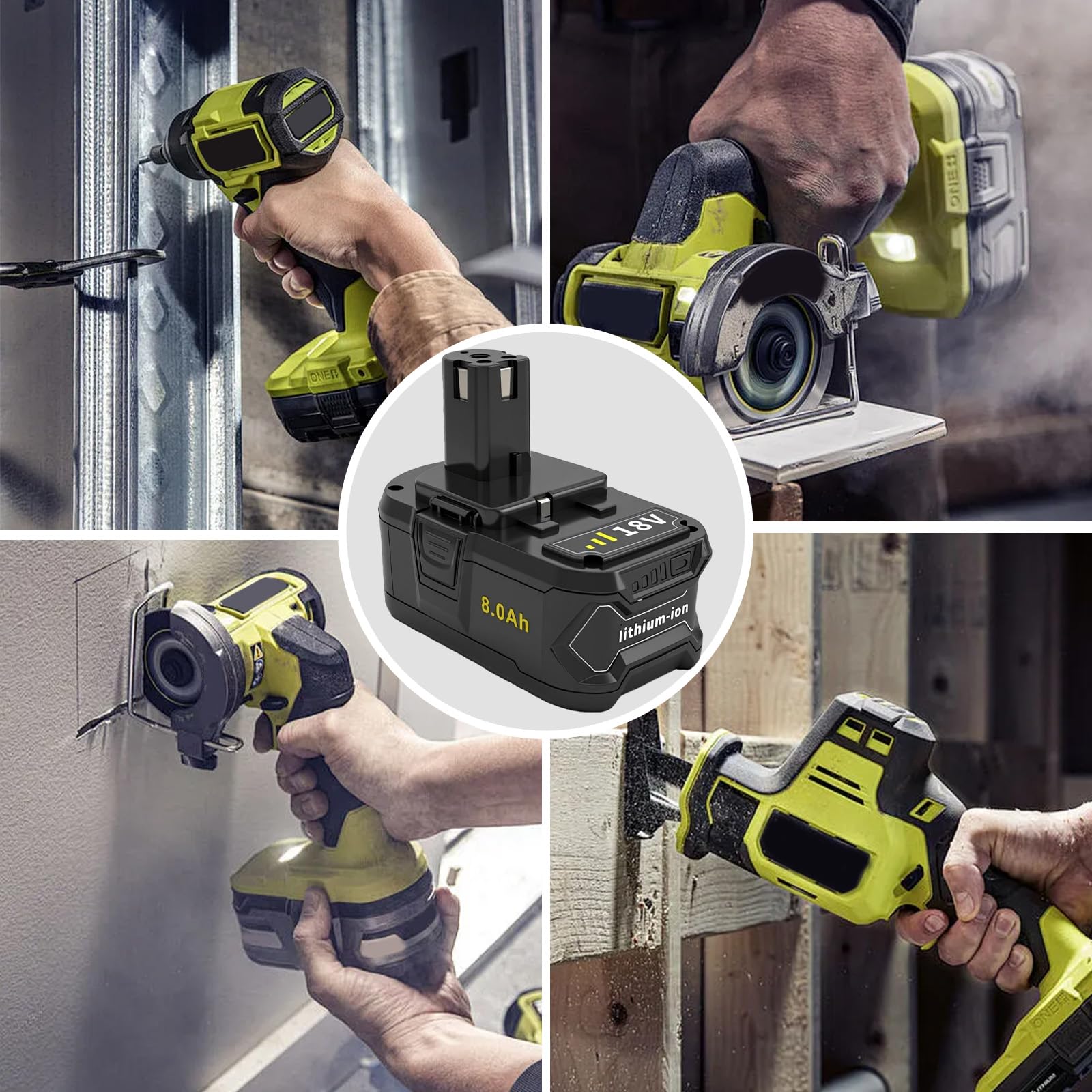 Batería de repuesto de 8,0 Ah para batería de 18 V, batería de iones de litio de alta capacidad con indicador LED, compatible con ONE+ 18 V Cordless Power Tools, con protección contra sobrecarga