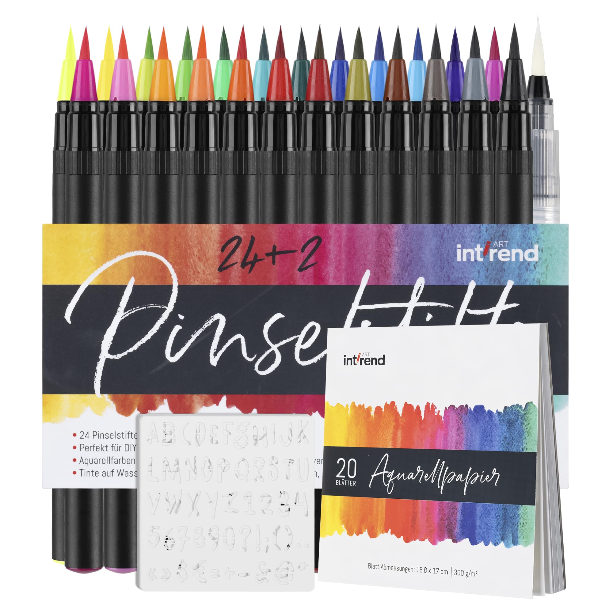 int!rend 24 Aquarellstifte Pinselstifte - Brush Pen Set - 2 Wasserpinselstifte - 20 Blätter Aquarellpapier 5 Schablonen - Aquarellfarben Stifte - Pinselstifte für Erwachsene
