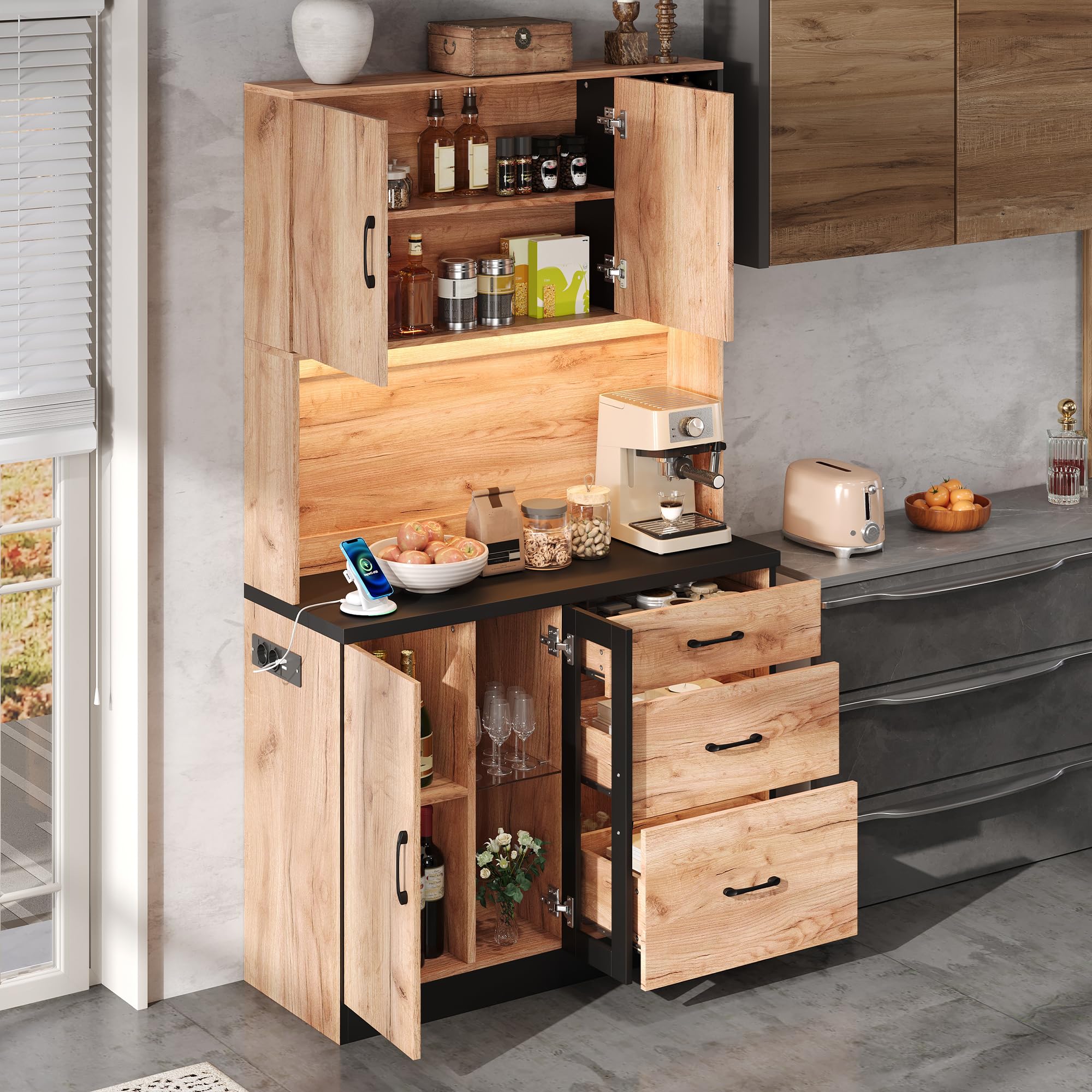 Mobile moderno da cucina, 105 × 38,3 × 180 cm, nero + effetto legno, ripiani regolabili, adatto per cucina, sala da pranzo, soggiorno
