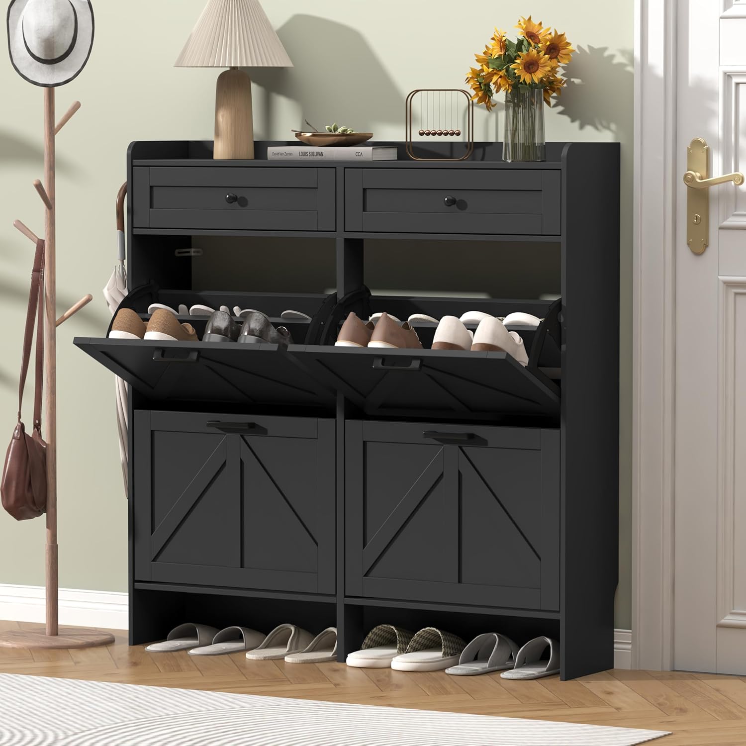 Thacuok Shoe Cabinet with 4 Flip Drawers & 2 Storage Drawers, Rustic Farmhouse Narrow Shoe Organizer Cabinet, Slim Shoe Rack Cabinet, Shoe Storage Cabinet for Entryway, Hallway, Front Door