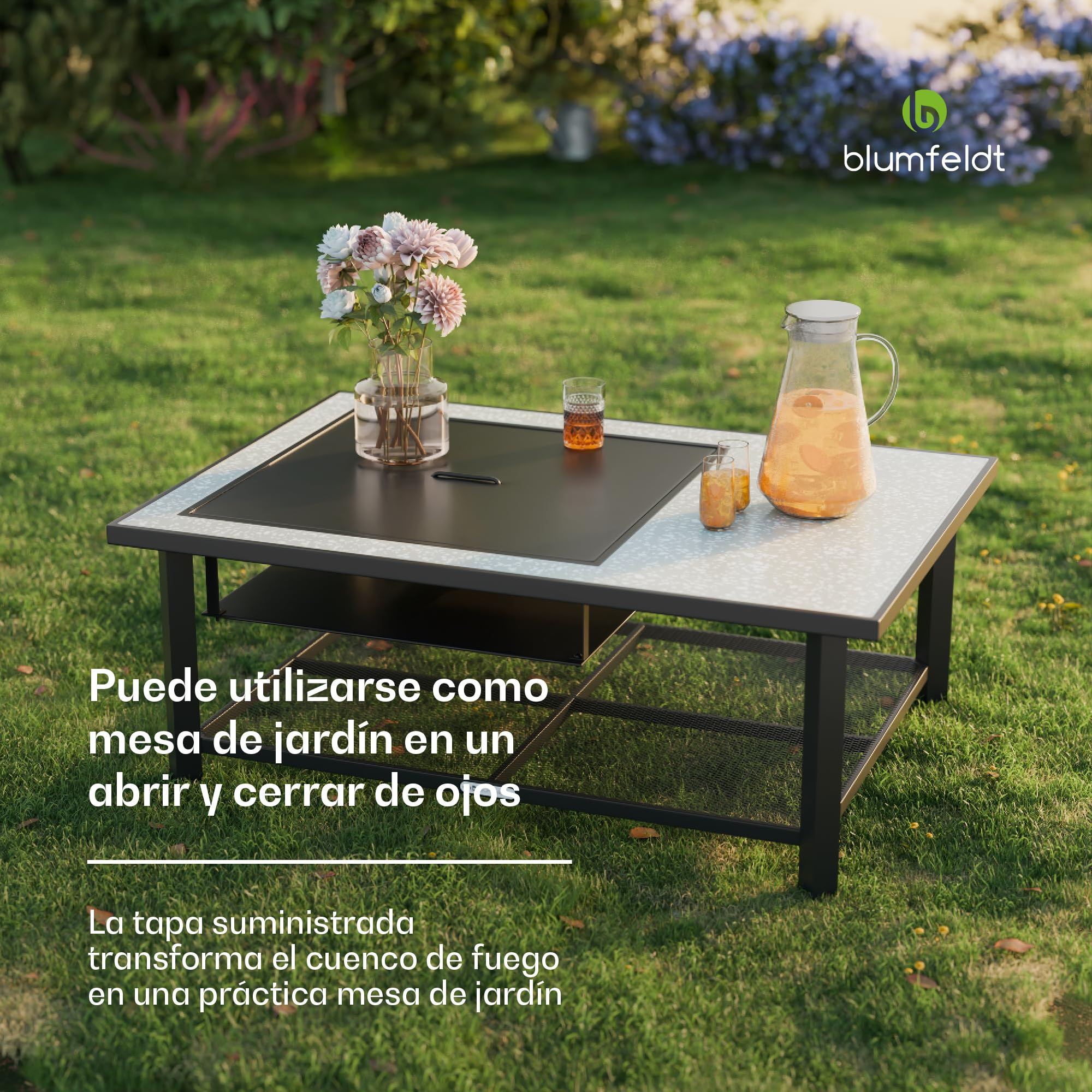 Blumfeldt Merano Avanzato L Brasero Exterior - 3 en 1 Hoguera, Barbacoa & Mesa, Estructura de Acero, Tablero de Terrazo, Incluye Parrilla, Atizador & Protector Antichispas, Ideal para Jardín & Patio