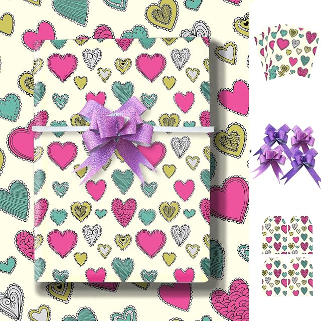Gift Wrapping Paper Heart Floded 4 Sheet 85 * 60cm with 4 Bows,4 Cards,4 Tags Gift Wrap Pack for Kids,Baby,Female,Male on Birthday,Christmas