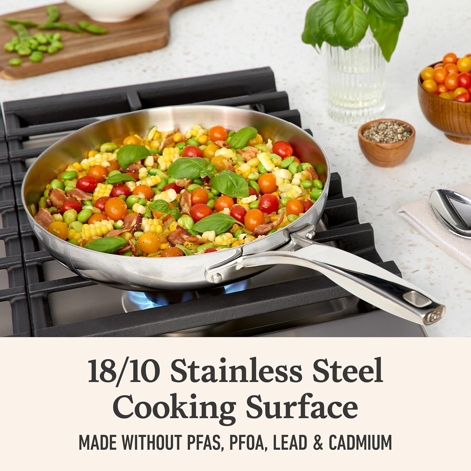 Calphalon Premier Polished 5-Ply Stainless Steel Cookware w/Turbo Heat Tech 10" Fry Pan, Induction, Oven Safe 500F, PFOA Free, Polished Stainless Silver