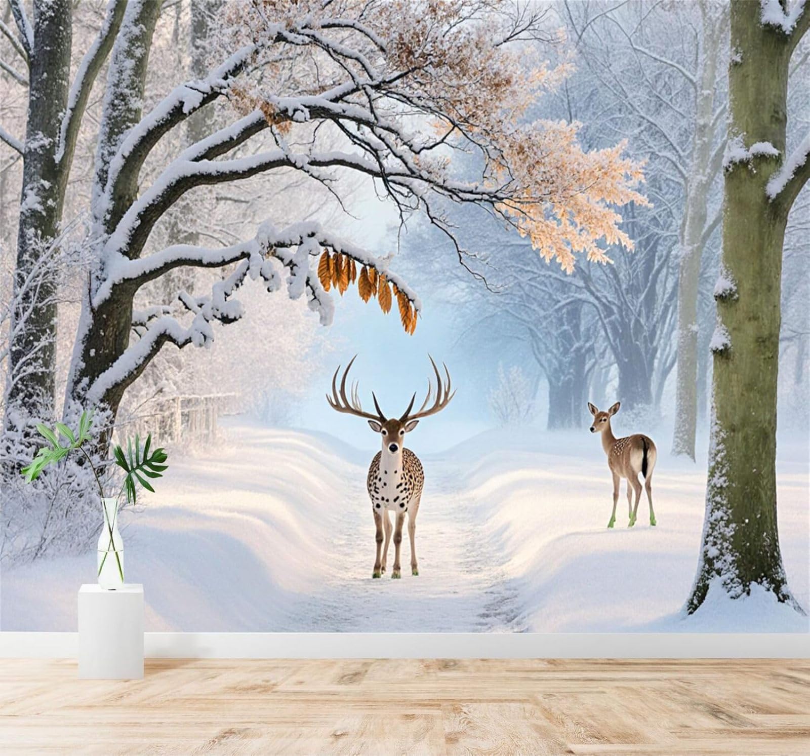 XLMING Winter Forest Deer Path Snowy Landscape 3D Wallpaper Silky Texture Home Study Office Grey Dining Room Sofa Bedroom Living Room TV Backdrop-350cm×256cm