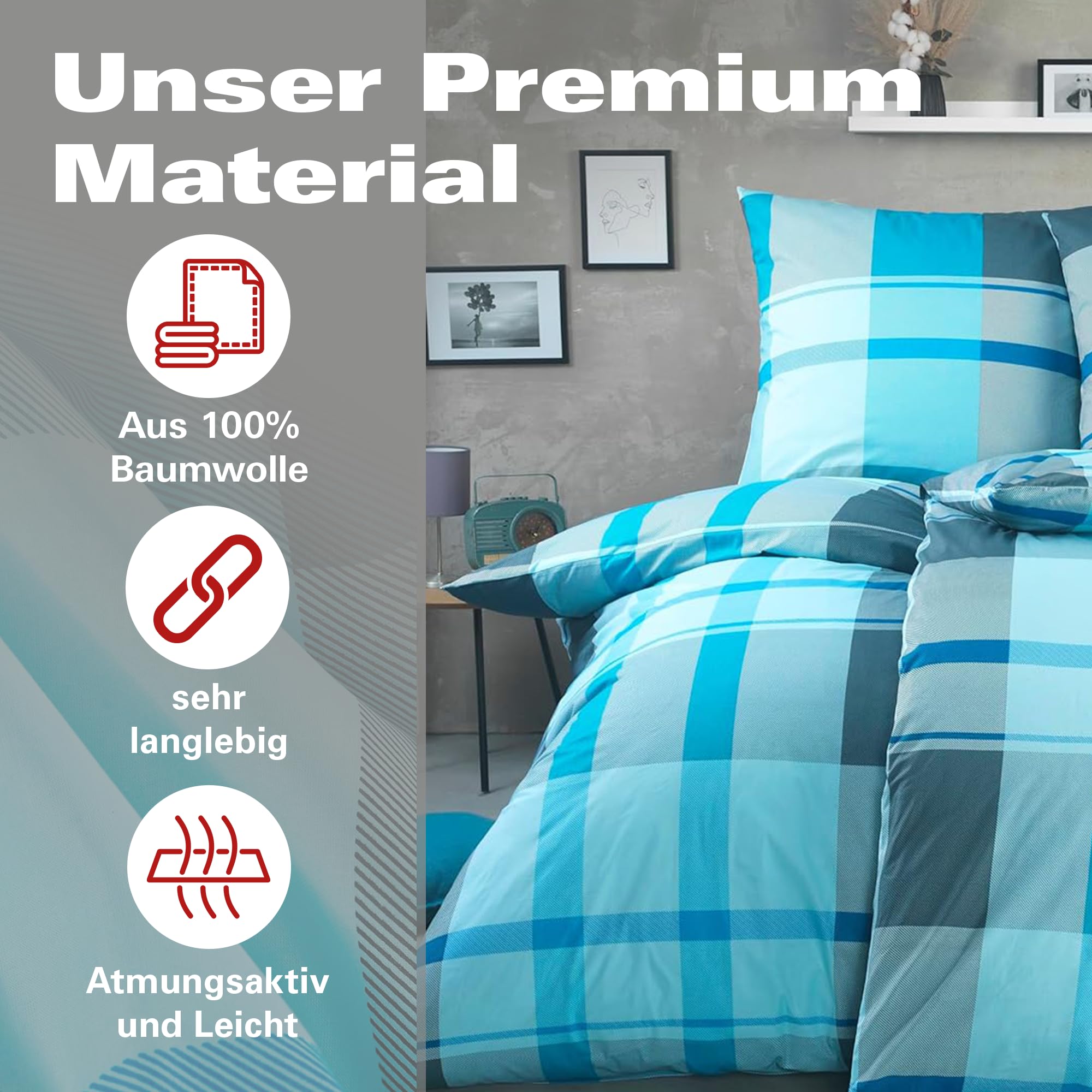 BaSaTex Bettwäsche Set Renforcé, 4-TLG., 135 x 200 cm, Karo Türkis | 100% Baumwolle, Öko_Tex Zertifiziert, Reißverschluss