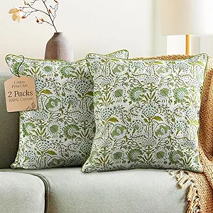 CPC 100% Cotton Throw Pillow Covers 16X16 Green Block Print Pattern Couch Pillow, Cute Boho Decorative Pillows for Living Room, Bedroom with Hidden Zipper- Coral Pink