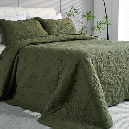 Miniatura 8 de EVENHUG Juego de edredón de tamaño King, suave, ligero, verde oliva, con 2 fundas de almohada, colcha reversible para todas las estaciones, 3 piezas