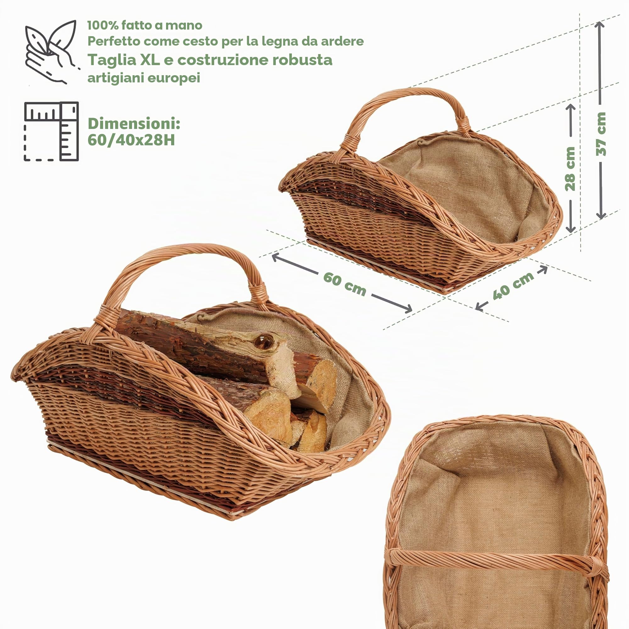 BOGATECO Cestino in vimini con manico, rettangolare, 60 x 40 x 28 cm, tessuto a mano, massiccio, cestino in legno rivestito in iuta, cestino per legna da ardere, bicolore