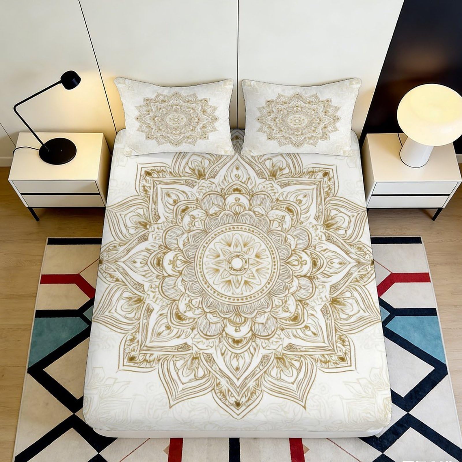 Uynsixtme Style-10 3D Printed Mandala Fitted Sheet Microfiber Deep Pocket Elastic Hem For Bedroom Mandala Mattress Fitted Cover Washable Adult Bedding Protection 90X200x25cm