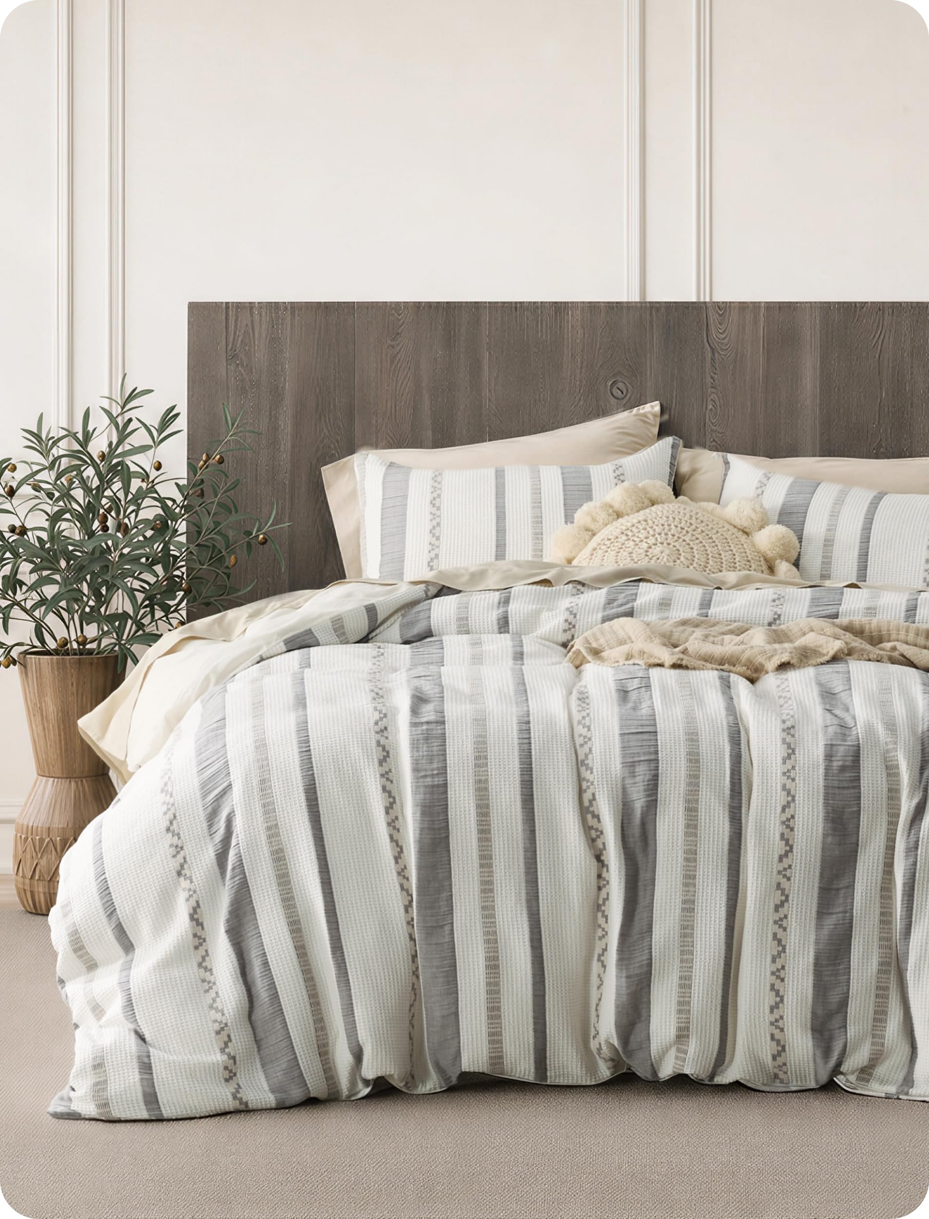 Bedsure PureWoven Boho Striped Cotton Waffle Duvet Cover Set, Queen, White