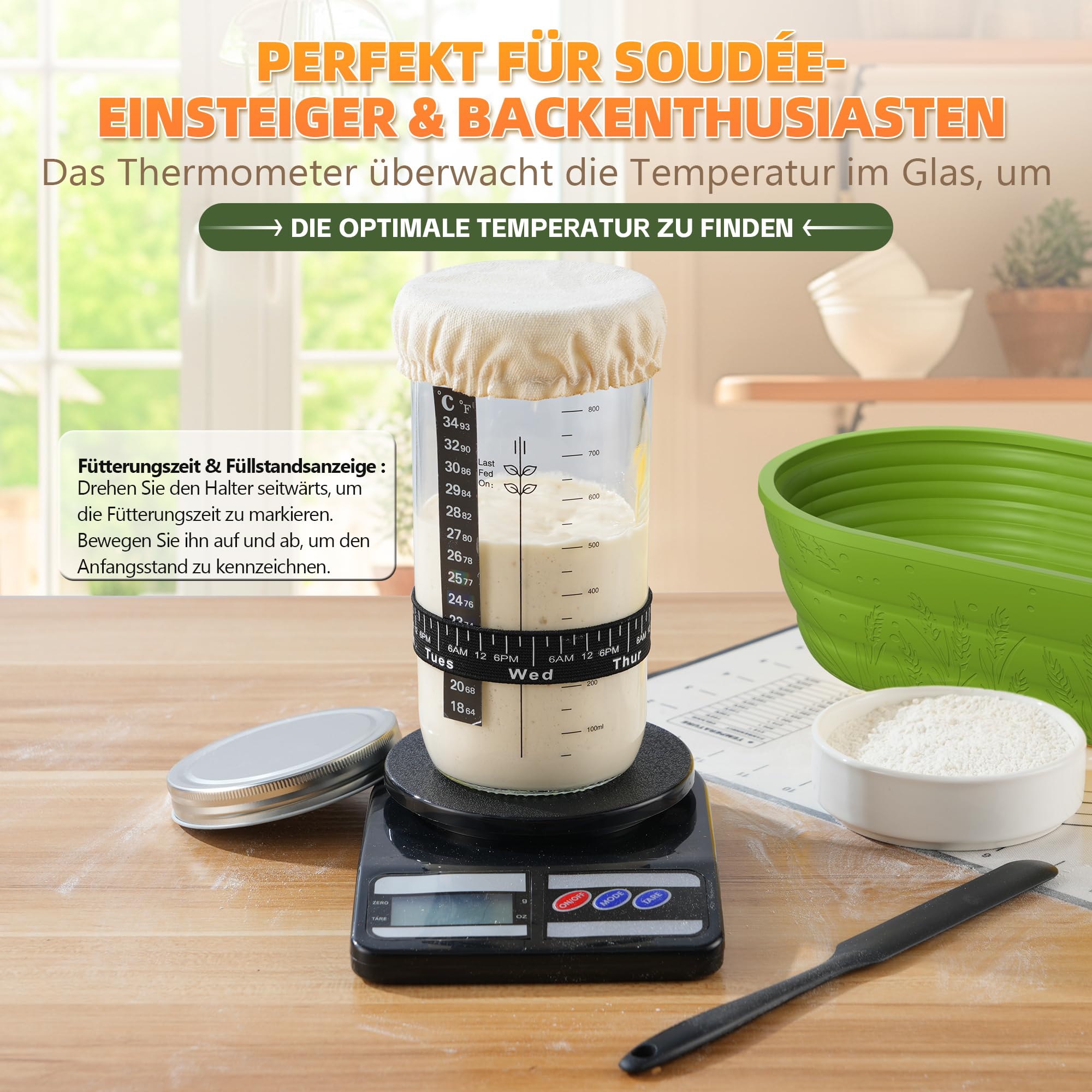 Sauerteig Brot Bakset mit hochwertigem Emaillepott und Gärkorb Brot Natur Roggenbrot Gärkorb Set Gärkorb Rund, Handgebacken Brotbackset, geeignet für Hobbybäcker und Sauerteig Brot Liebhaber (Grün)