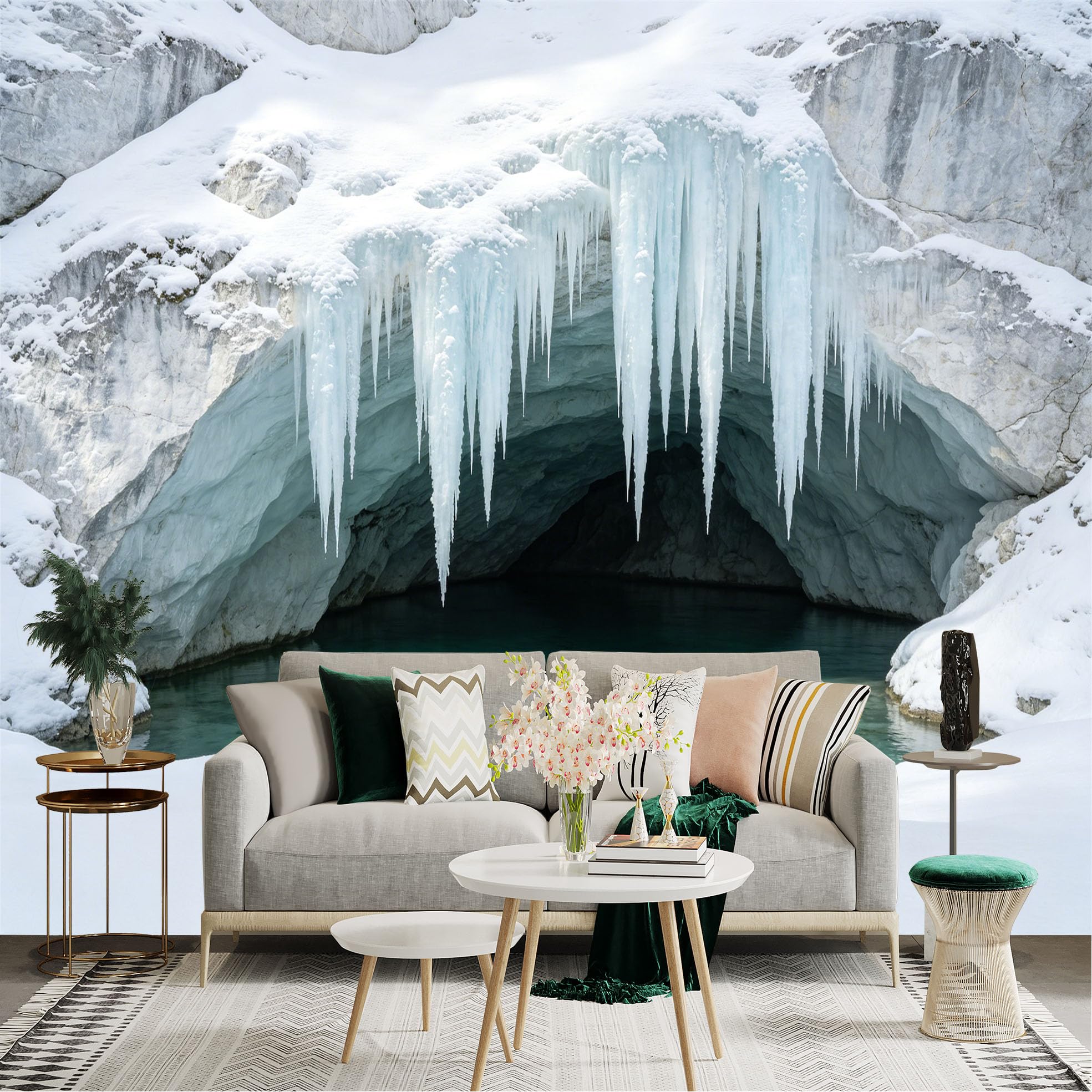 Lnzczhyre Dbh260521784 Custom Size Wall Sticker Mural， Frozen Ice Cave， Winter Glacier Landscape， Turquoise Water With Icicles， For Wall Decoration， Peelandstick Wall Decals.