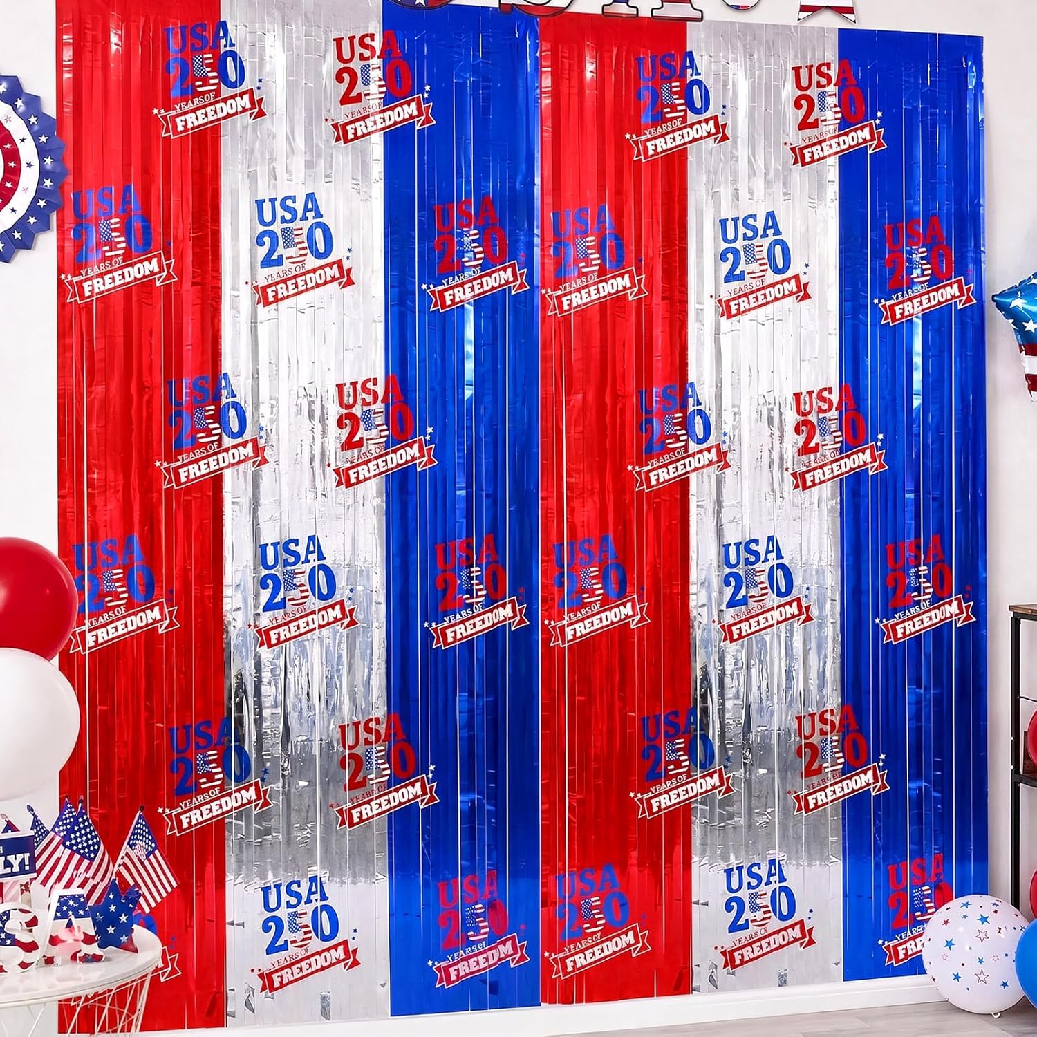 4 Pack 250 Years of Freedom Foil Fringe Curtains 3.3x6.6ft Patriotic 4th of July Decorations Red White Blue Streamer Backdrop for 250th America Anniversary Independence Day Memorial Day Party Decor