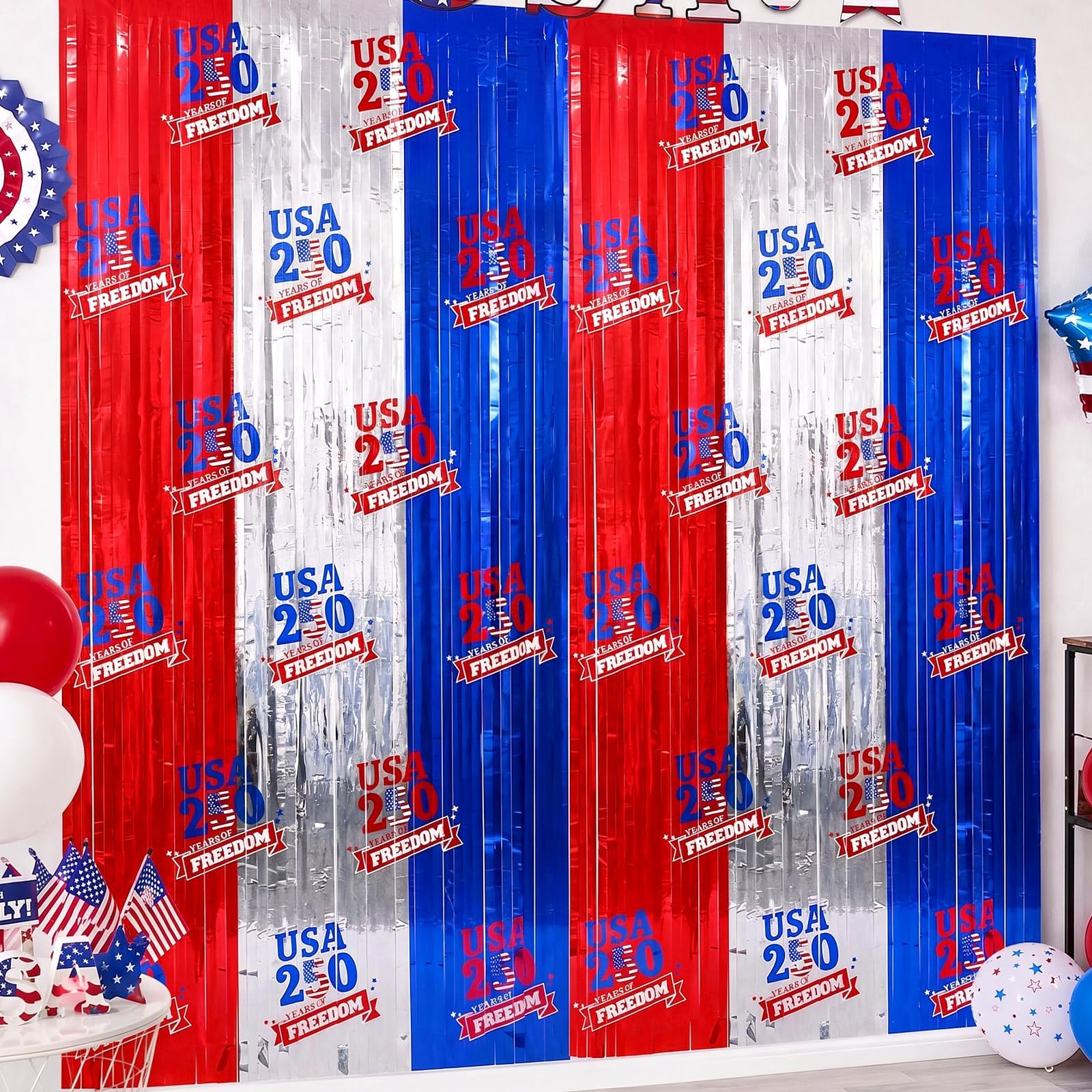 2 Pack 250 Years of Freedom Foil Fringe Curtains 3.3x6.6ft Patriotic 4th of July Decorations Red White Blue Streamer Backdrop for 250th America Anniversary Independence Day Memorial Day Party Decor