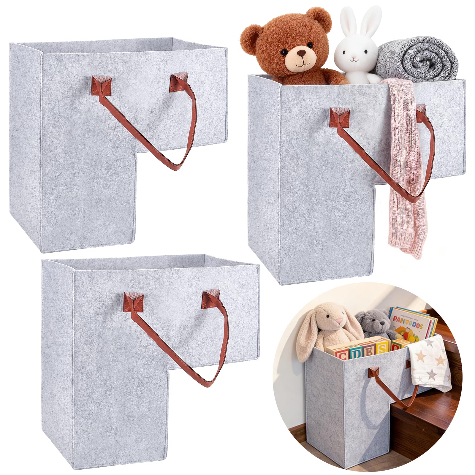 INTERWARM 3Pcs Stair Storage Bins, Foldable Step Basket Bins (Light Gray)