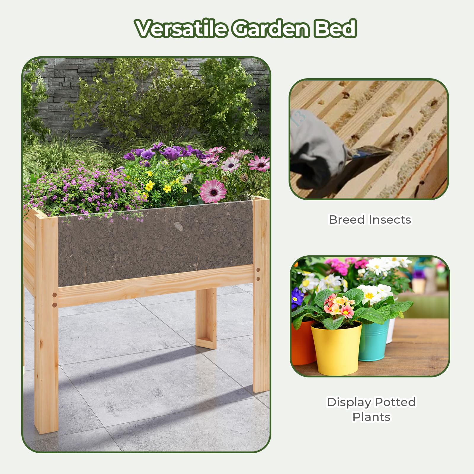 HOMASIS Huerto Elevado de Madera de Abeto con losa acrílica, Cama elevada para Mascotas con 2 Agujeros de Drenaje, Jardinera elevada con Volumen de 50L para balcón, jardín, Natural (100x59x77cm)
