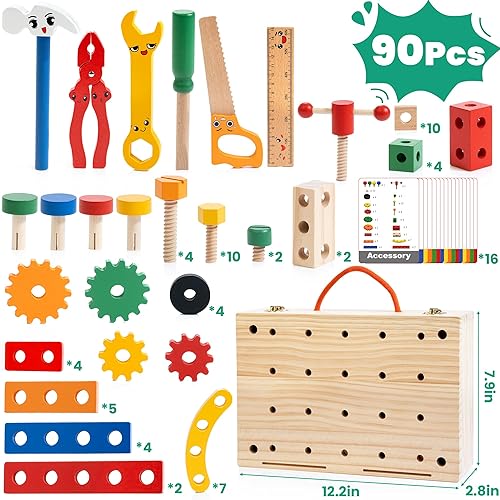 Miniatura 2 de WOODMAM Juego de herramientas de madera para niños, 37 piezas de juguete de construcción con caja de herramientas, juguetes sensoriales para niños