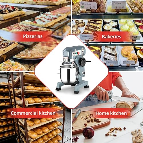 Miniatura 4 de Garvee Batidora de alimentos con soporte de 10 cuartos de galón, mezclador comercial de alimentos de 450 W con cuenco de acero inoxidable,
