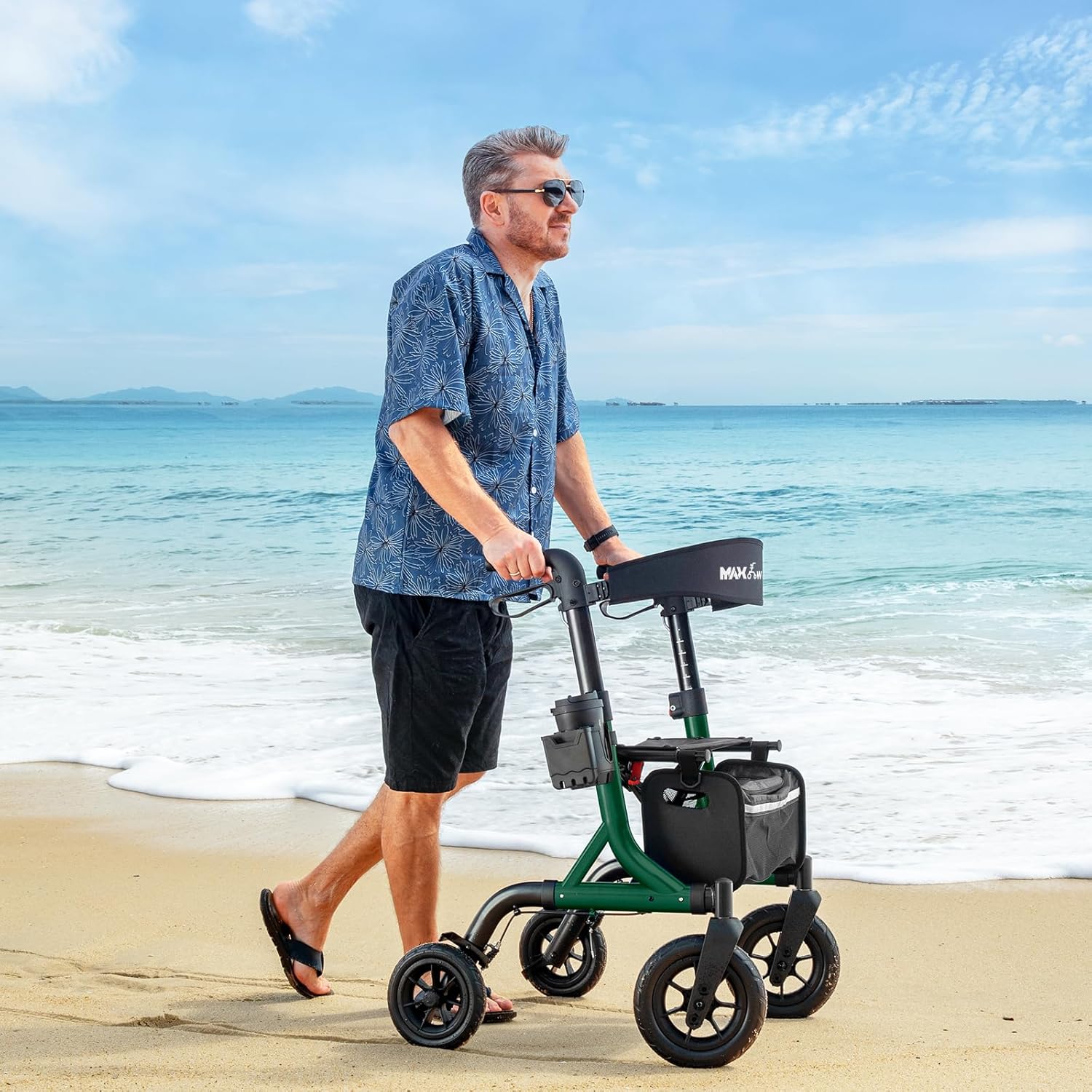 MAXWALK Walkers for Seniors, Rollator Walker with Seat, 10" Rubber Wheels All Terrain Rollator Walker with Backrest, Aluminum Walkers Built-in Cable, Foldable and Adjustable Height for Seniors, Green