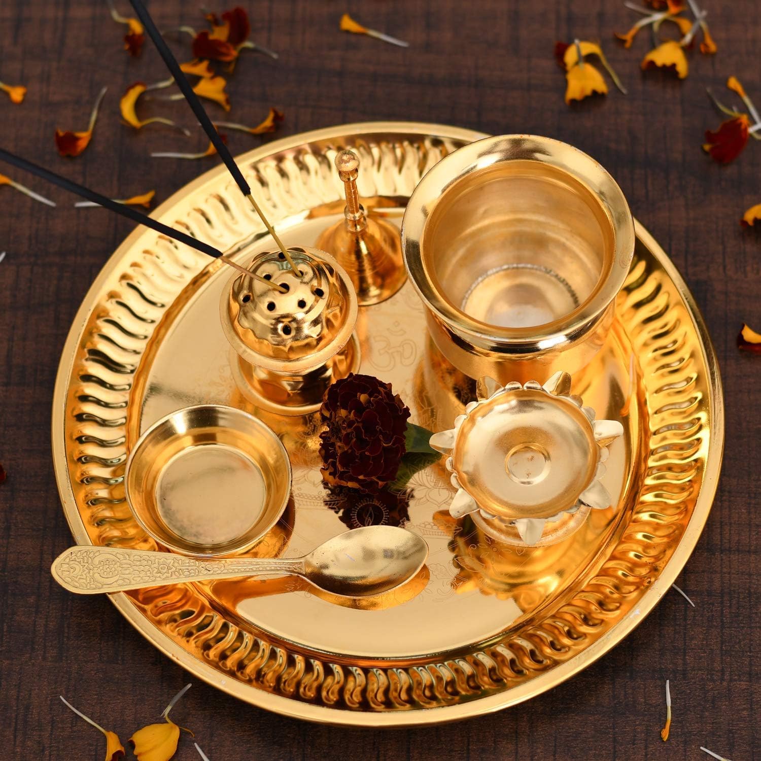 Gold Plated Steel Pooja Thali Set of 7 Articles | Complete Puja Plate with Diya, Agarbatti Stand, Bell, Bowls & Kalash | Traditional Mandir Thali for Festivals & Gifting-image-19